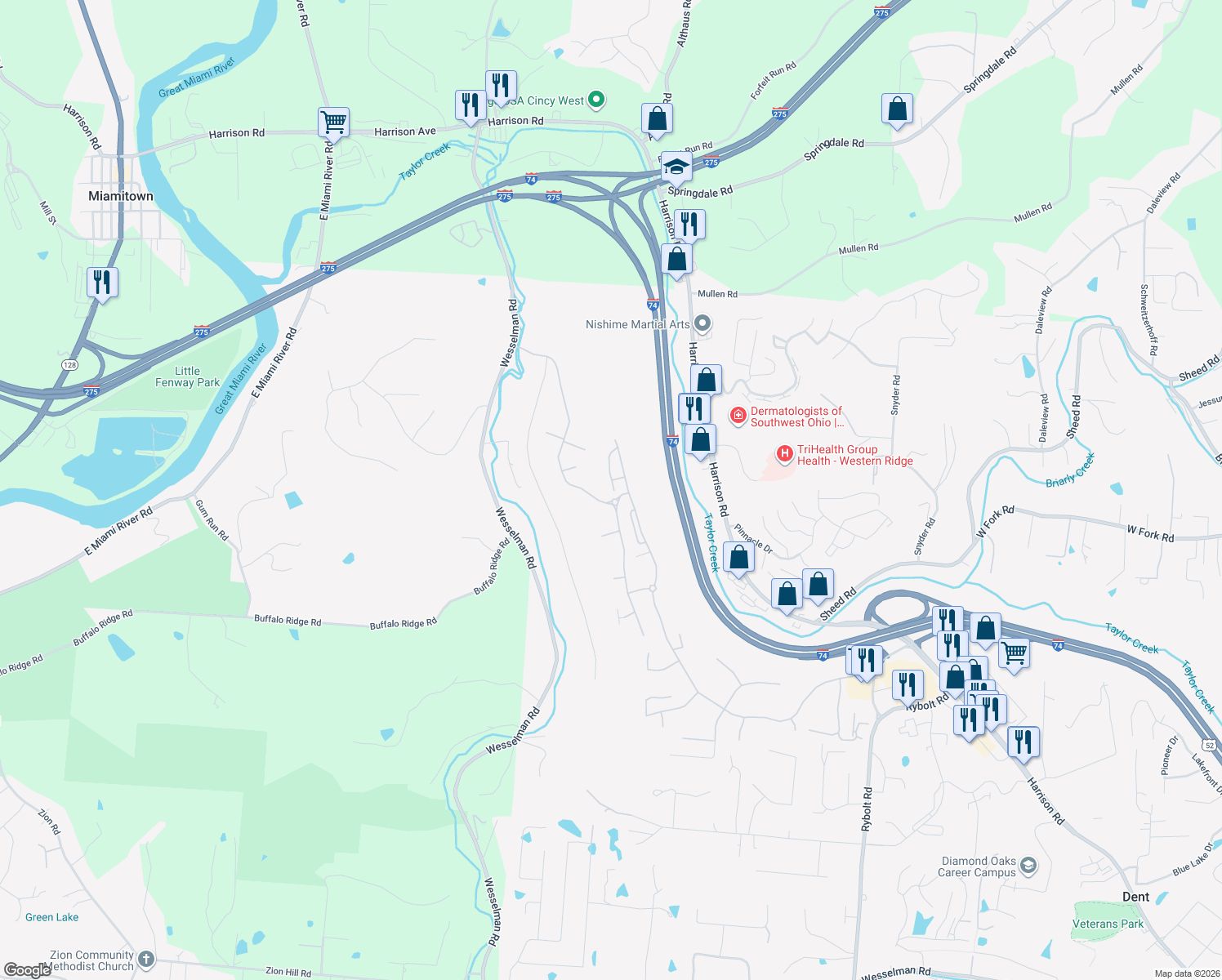 map of restaurants, bars, coffee shops, grocery stores, and more near 7384 Bridge Point Pass in Cincinnati