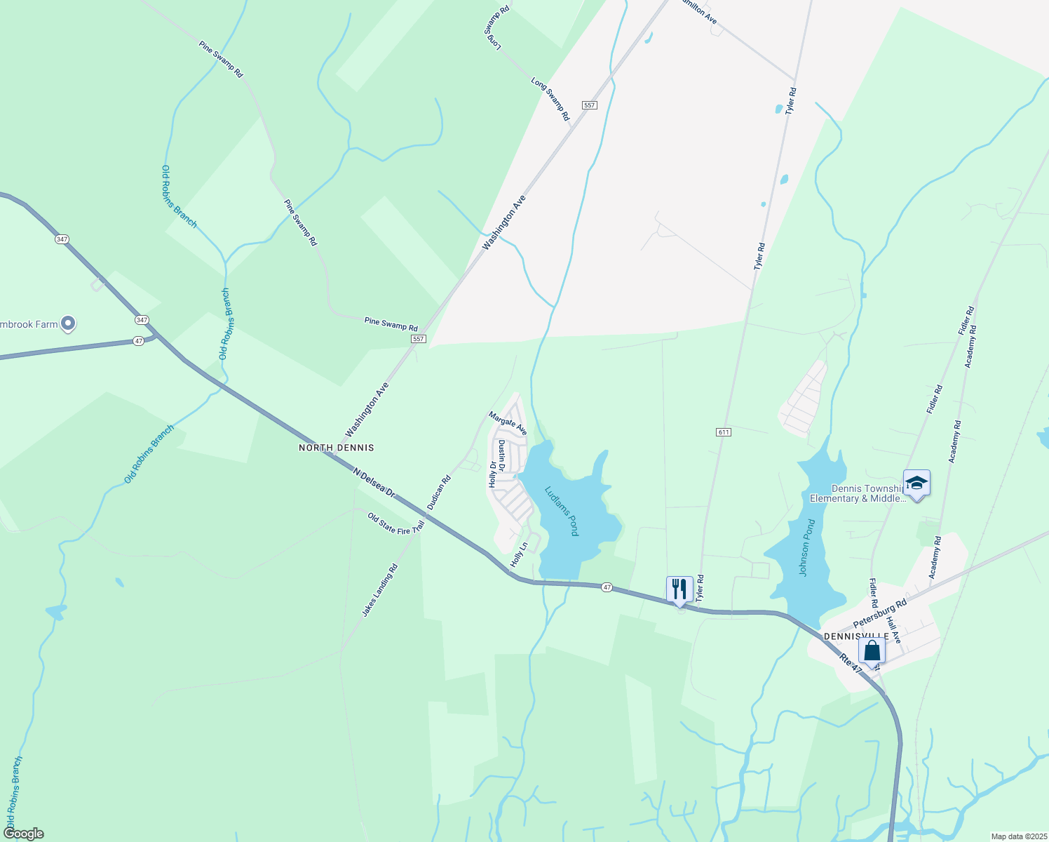 map of restaurants, bars, coffee shops, grocery stores, and more near 332 Lake Drive in Woodbine