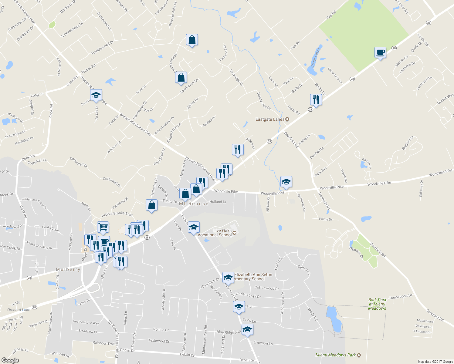 map of restaurants, bars, coffee shops, grocery stores, and more near 1285 Ohio 28 in Milford