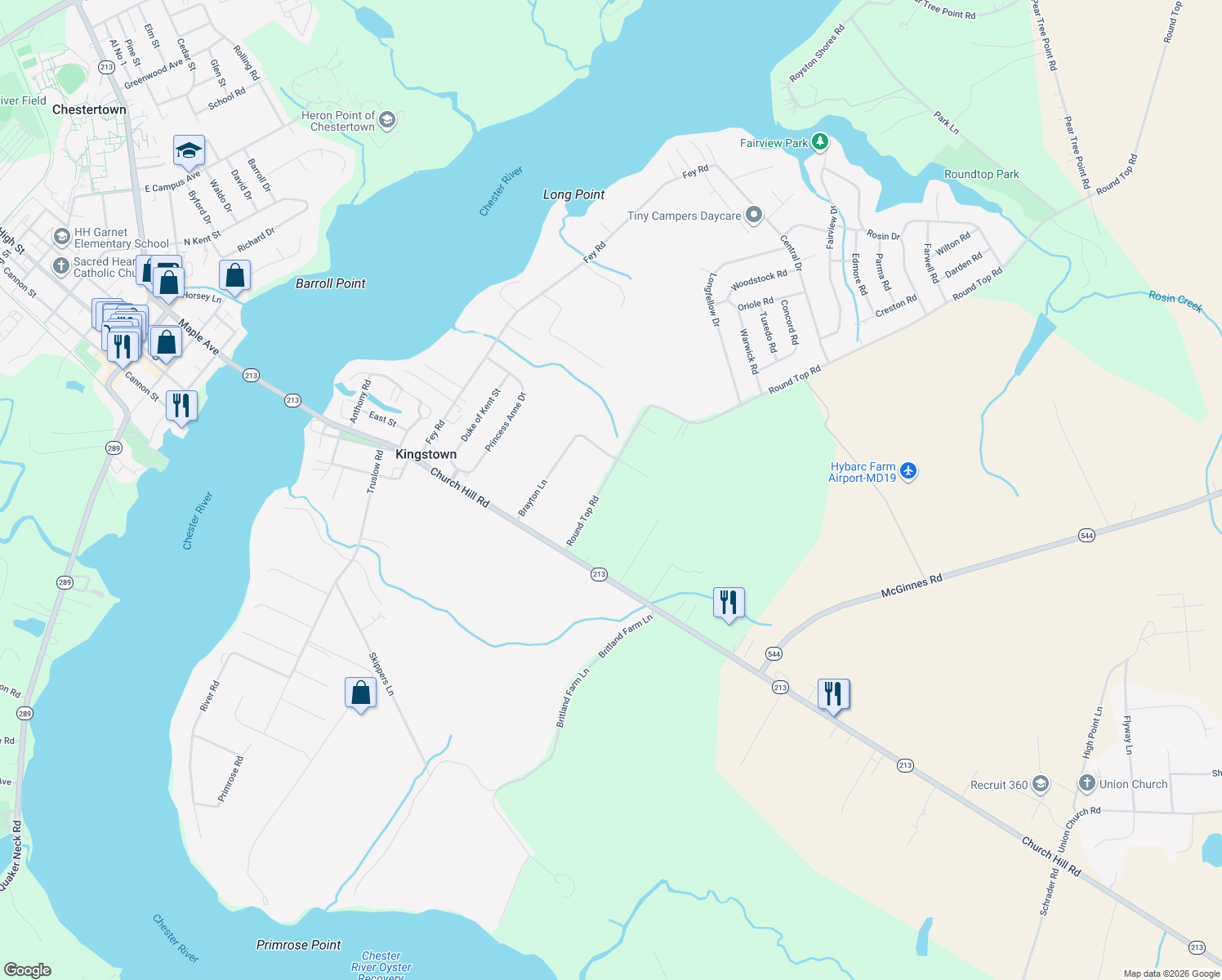 map of restaurants, bars, coffee shops, grocery stores, and more near 212 Round Top Road in Chestertown