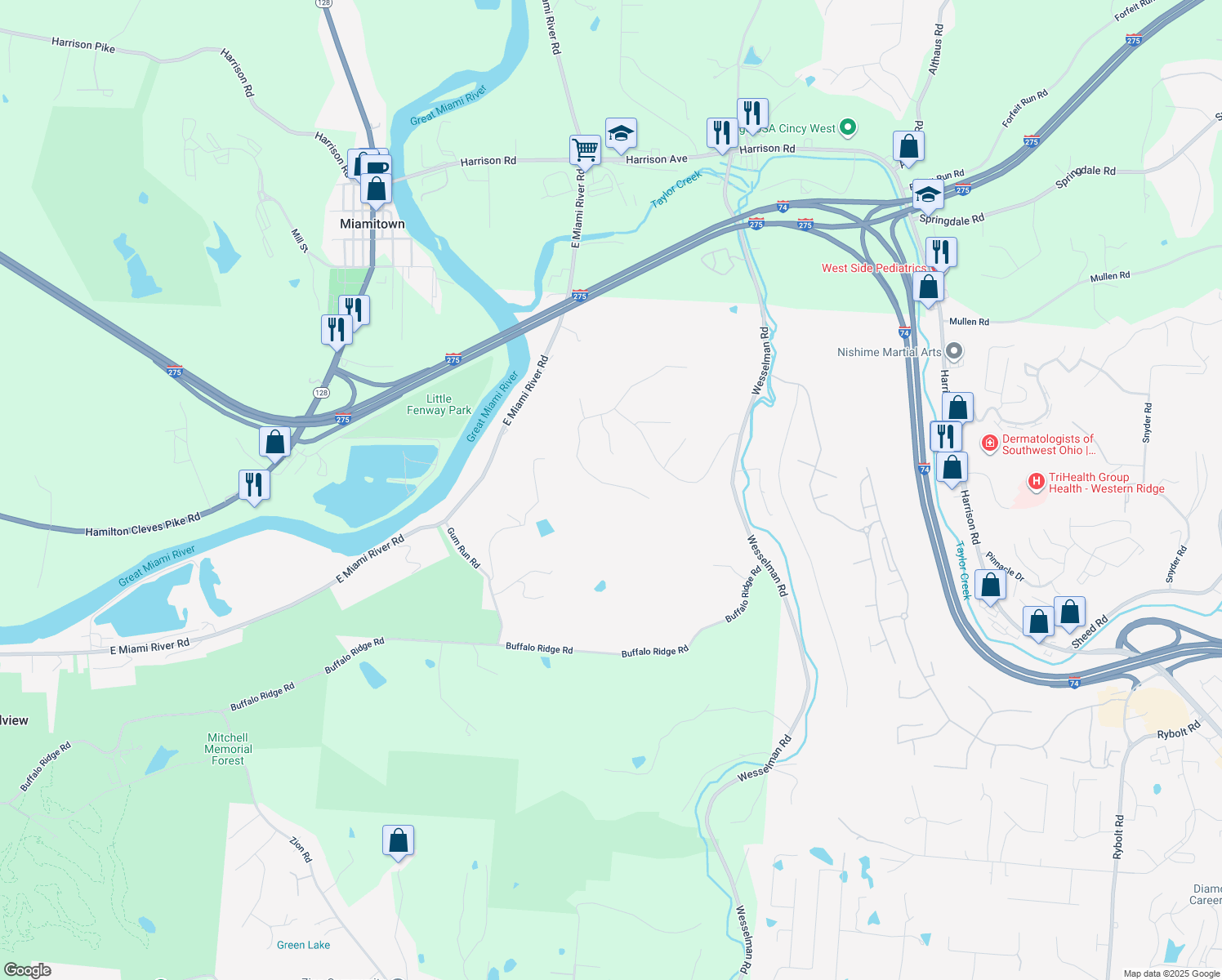 map of restaurants, bars, coffee shops, grocery stores, and more near 7650 Whispering Farm Trail in Cleves