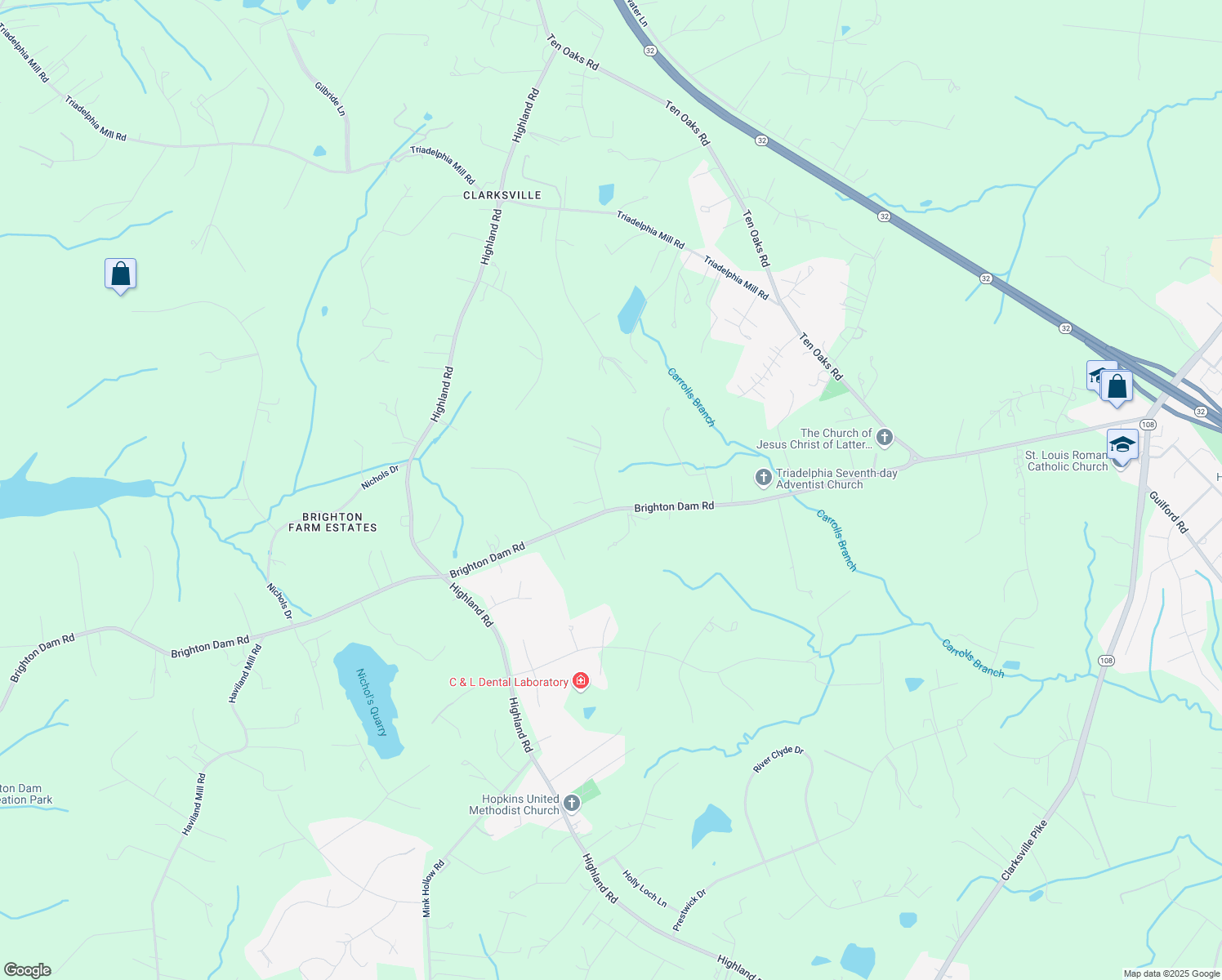 map of restaurants, bars, coffee shops, grocery stores, and more near 13180 Brighton Dam Road in Clarksville