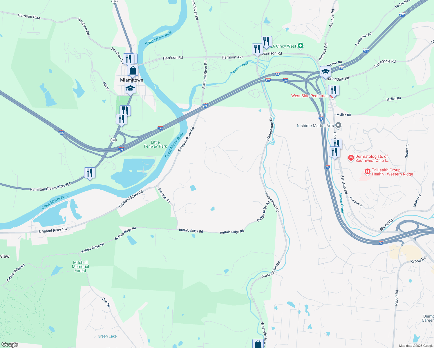 map of restaurants, bars, coffee shops, grocery stores, and more near 7650 Whispering Farm Trail in Cleves