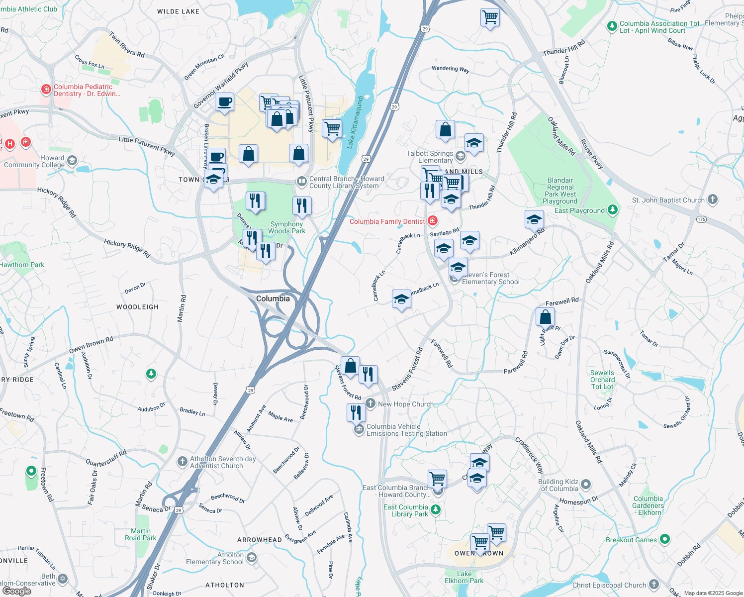map of restaurants, bars, coffee shops, grocery stores, and more near 6066 Camelback Lane in Columbia