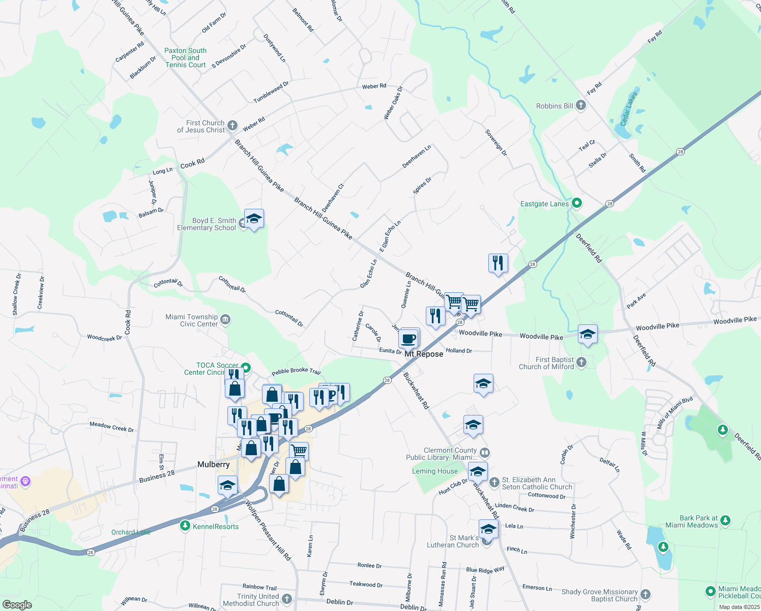 map of restaurants, bars, coffee shops, grocery stores, and more near 6072 Jerry-Lee Drive in Milford