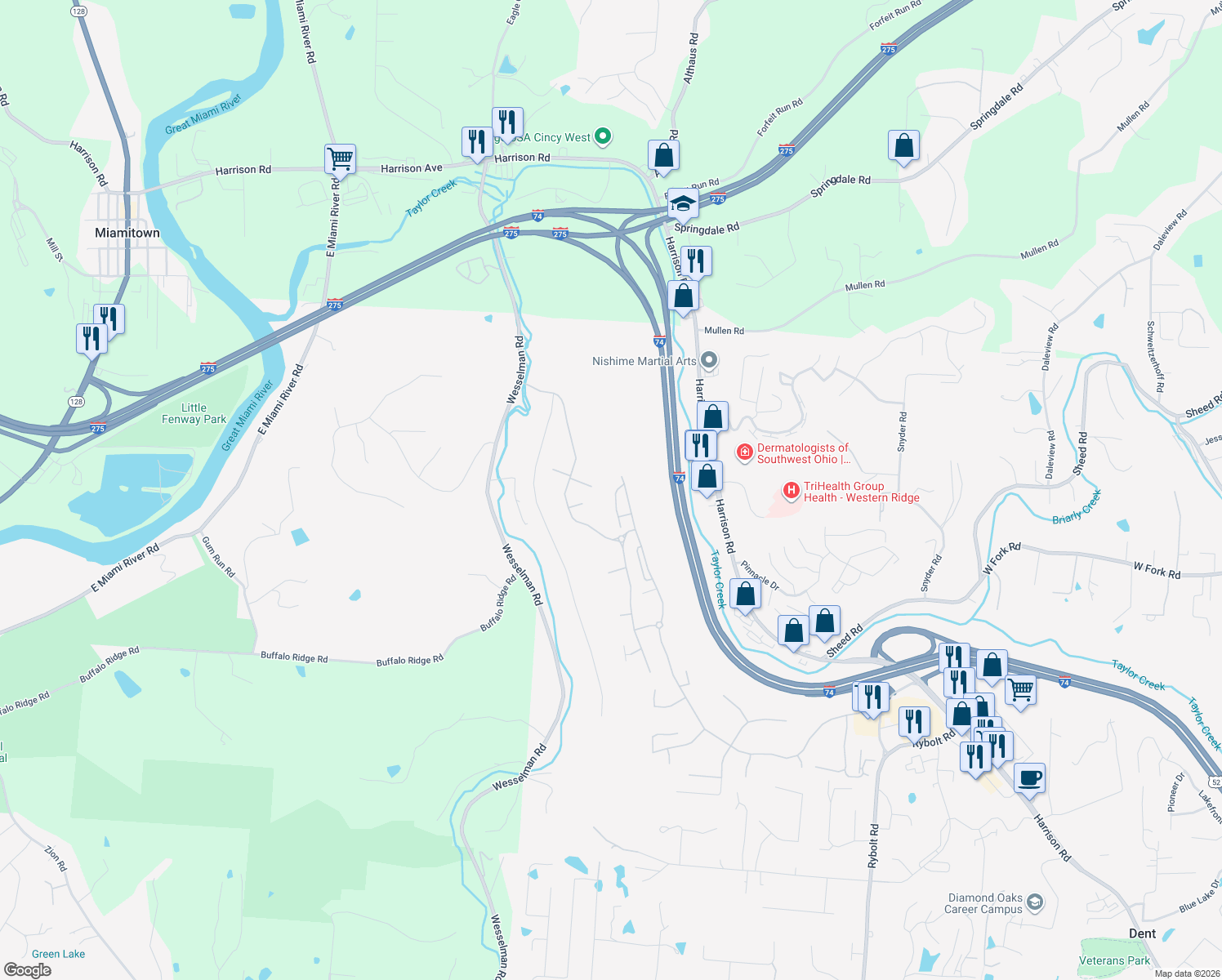 map of restaurants, bars, coffee shops, grocery stores, and more near 8019 Oakbridge Way in Cincinnati