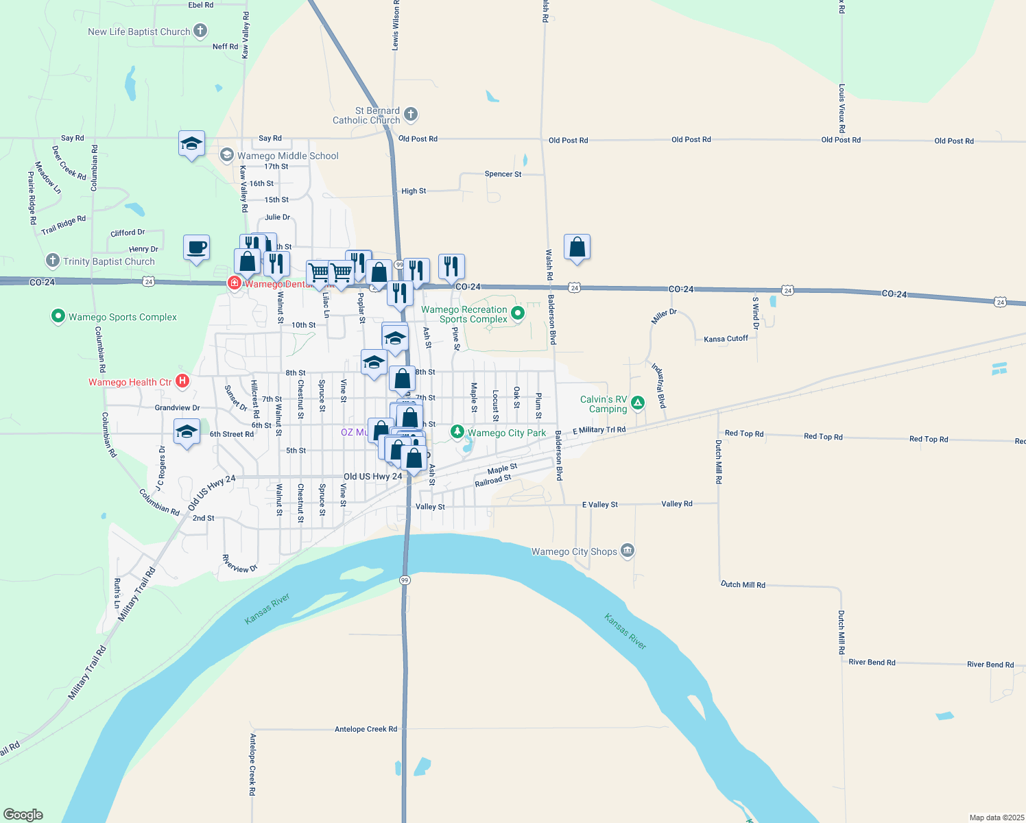 map of restaurants, bars, coffee shops, grocery stores, and more near 607 Oak Street in Wamego