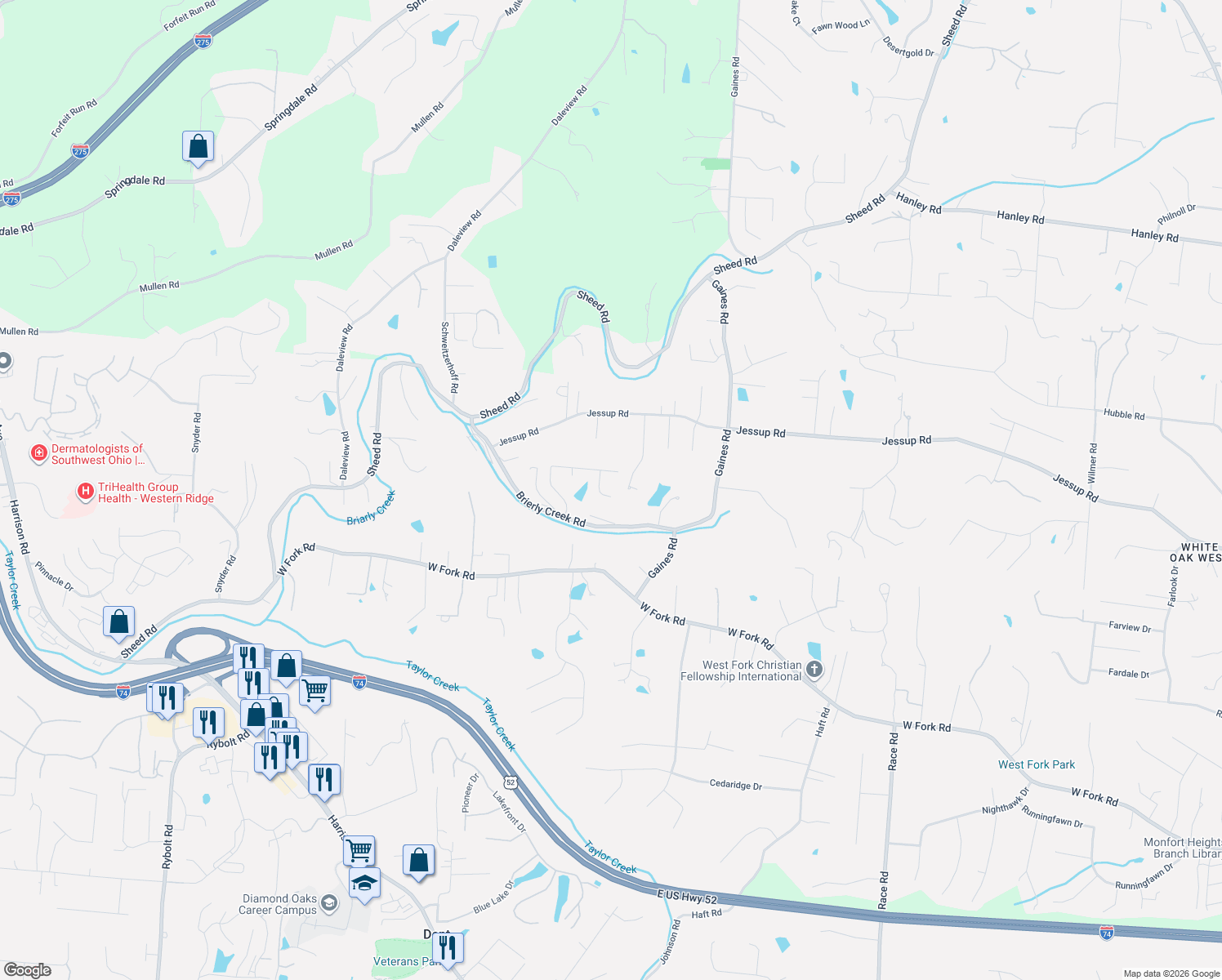 map of restaurants, bars, coffee shops, grocery stores, and more near 6028 Pond View Court in Cincinnati