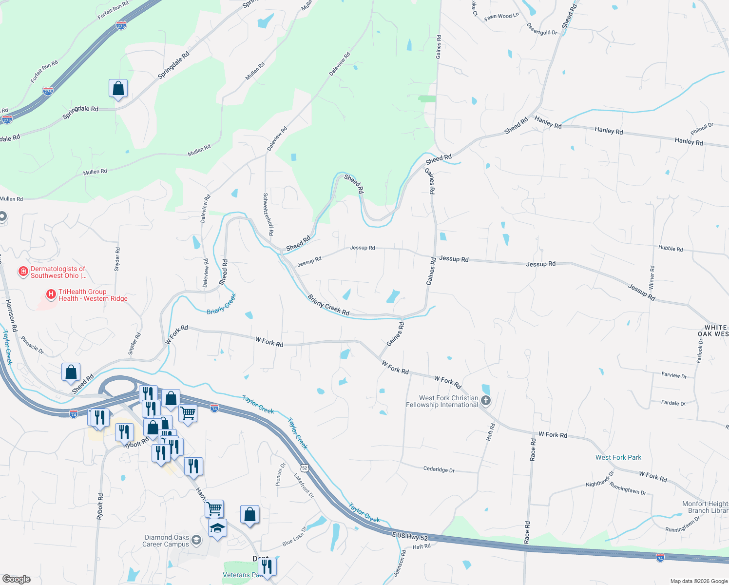 map of restaurants, bars, coffee shops, grocery stores, and more near 6028 Pond View Court in Cincinnati