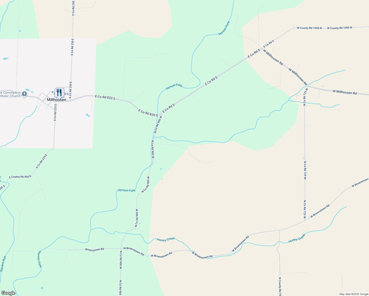 map of restaurants, bars, coffee shops, grocery stores, and more near West Co Road 900 North in Ripley County