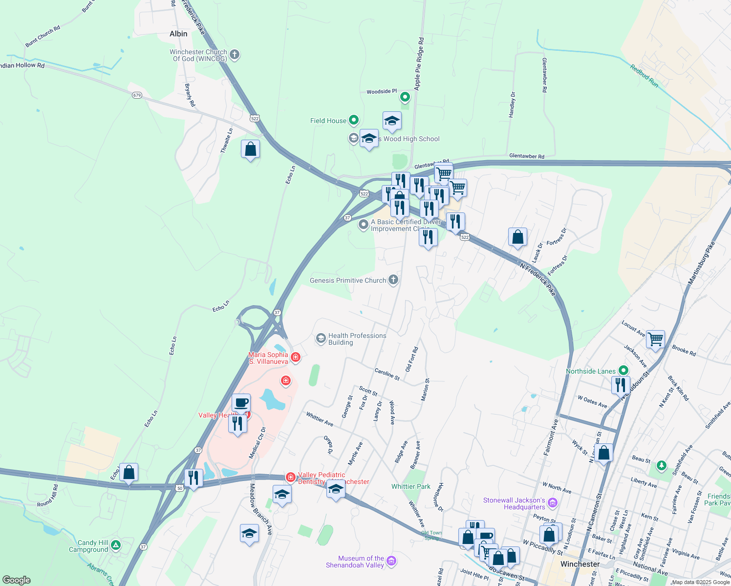 map of restaurants, bars, coffee shops, grocery stores, and more near 107 Mummert Circle in Winchester