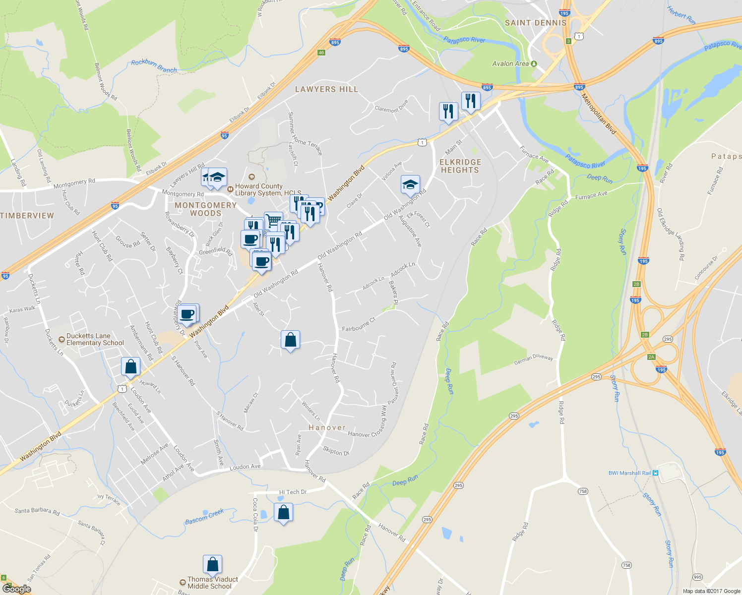 map of restaurants, bars, coffee shops, grocery stores, and more near 6114 Arrowwood Court in Hanover