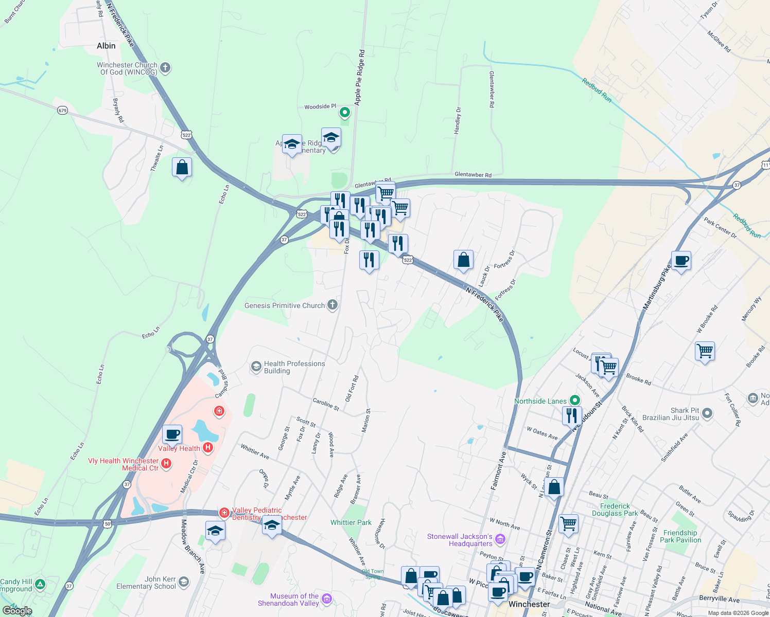 map of restaurants, bars, coffee shops, grocery stores, and more near 123 Rugby Place in Winchester