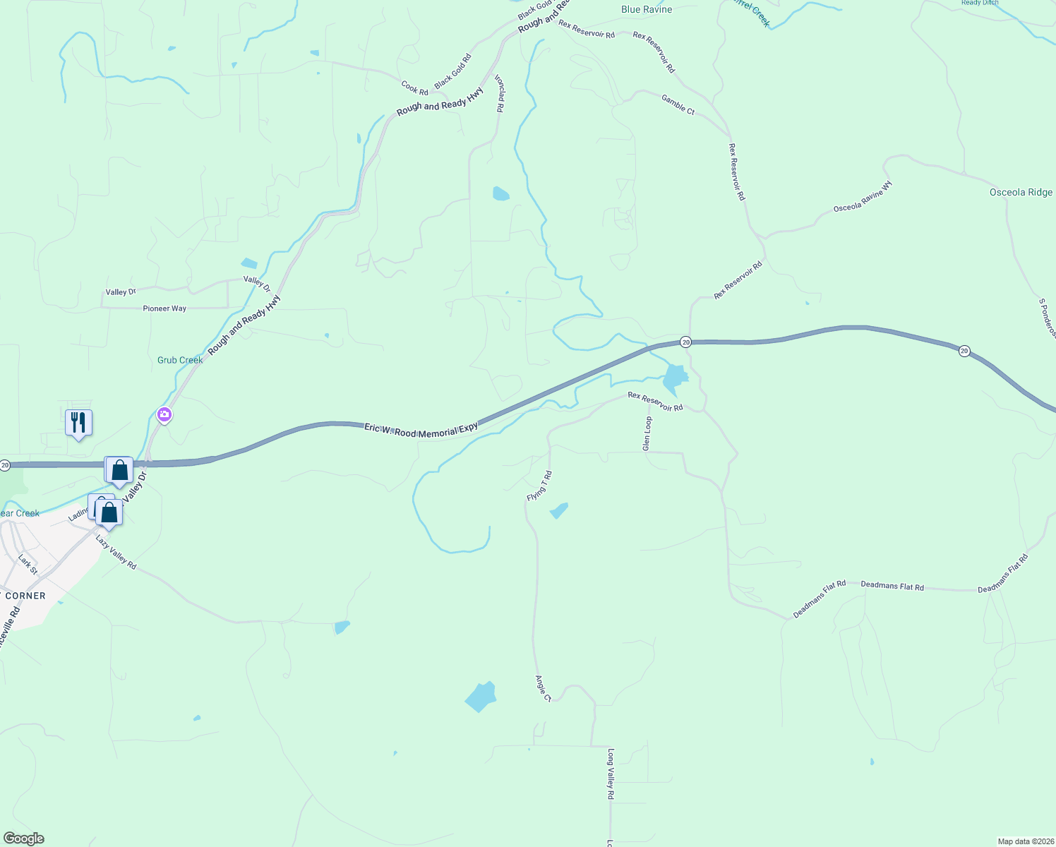 map of restaurants, bars, coffee shops, grocery stores, and more near 11838 Flying T Road in Penn Valley