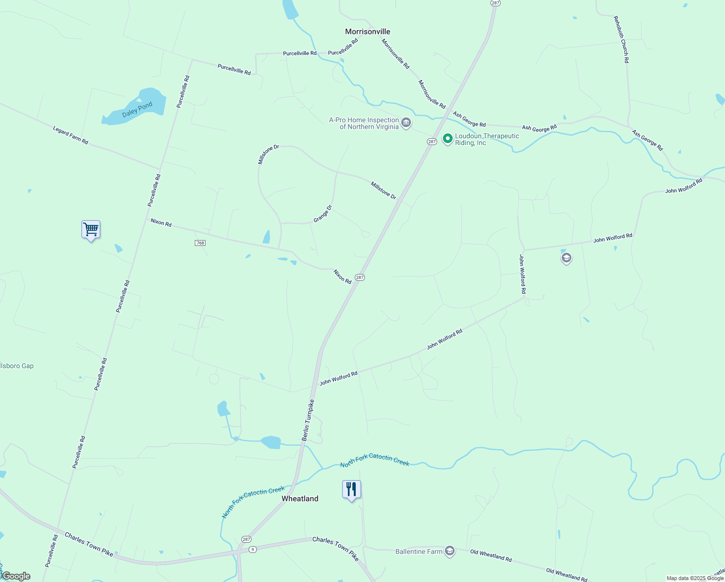 map of restaurants, bars, coffee shops, grocery stores, and more near 14852 Berlin Turnpike in Purcellville