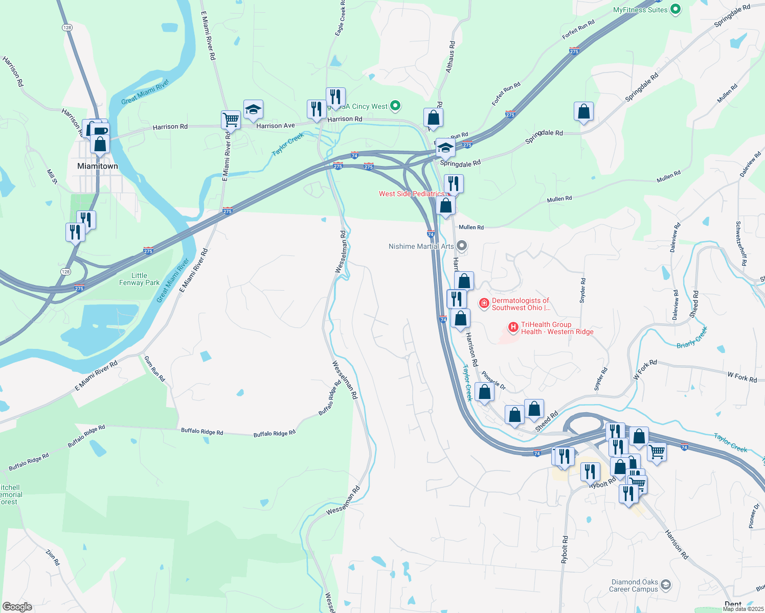 map of restaurants, bars, coffee shops, grocery stores, and more near 7512 Bridge Point Pass in Cincinnati