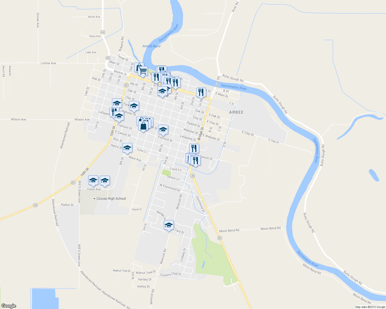 map of restaurants, bars, coffee shops, grocery stores, and more near 14 Carson Street in Colusa