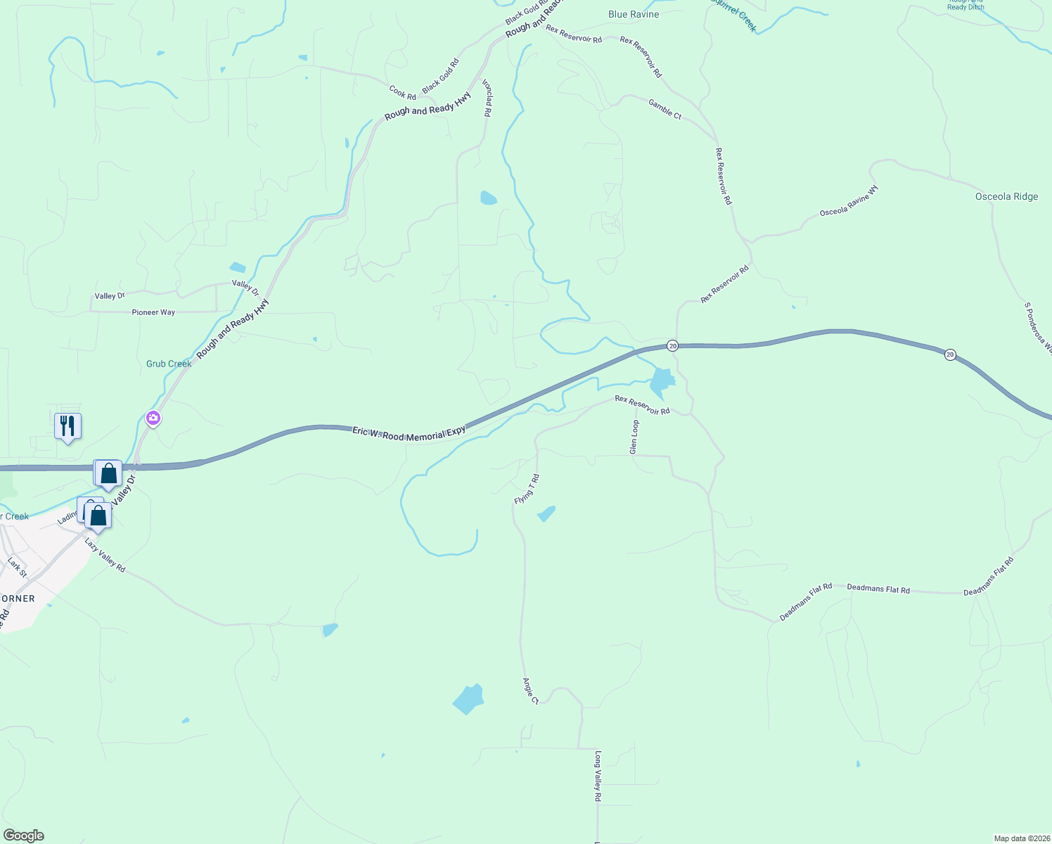 map of restaurants, bars, coffee shops, grocery stores, and more near 11838 Flying T Road in Penn Valley