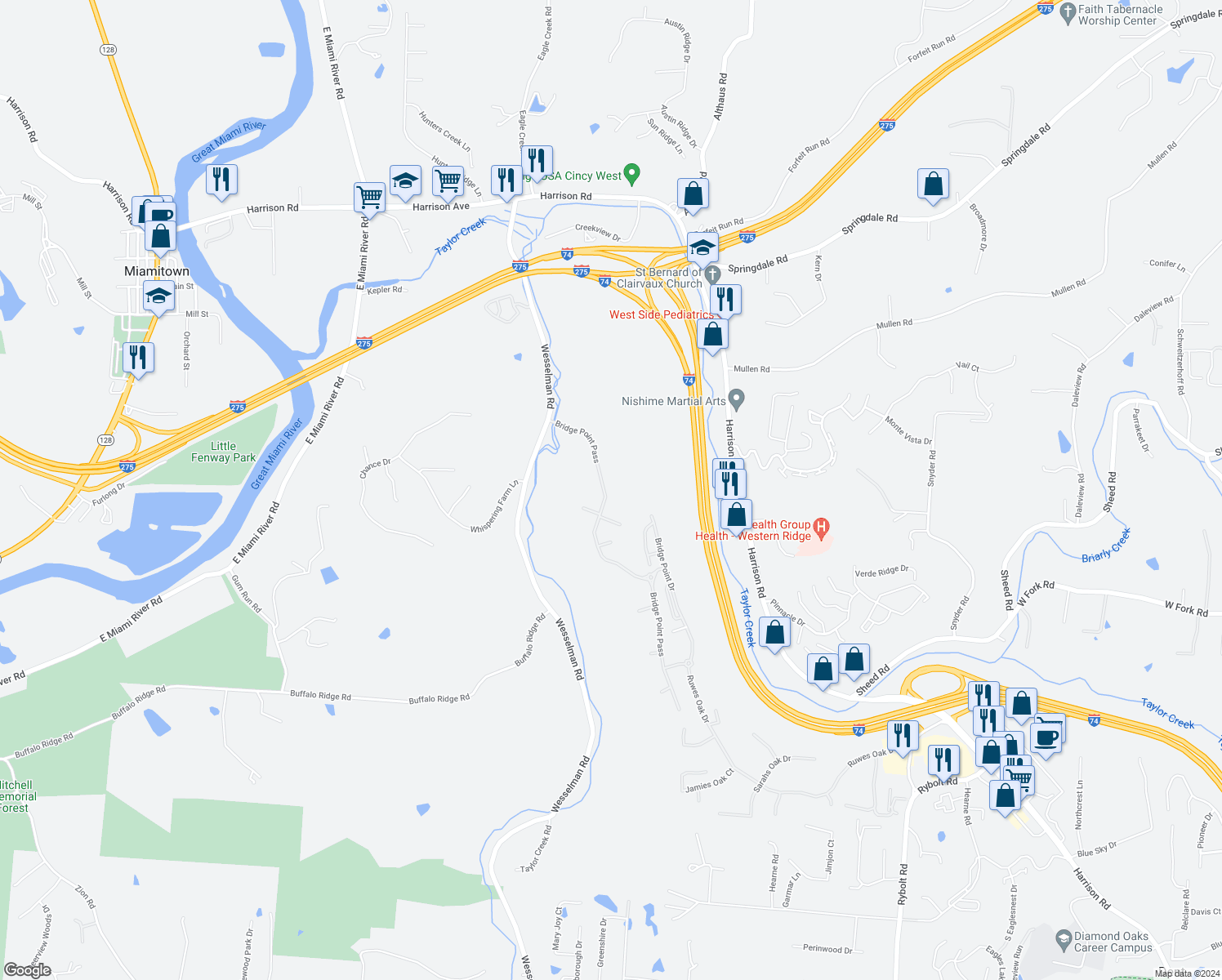 map of restaurants, bars, coffee shops, grocery stores, and more near 7512 Bridge Point Pass in Cincinnati