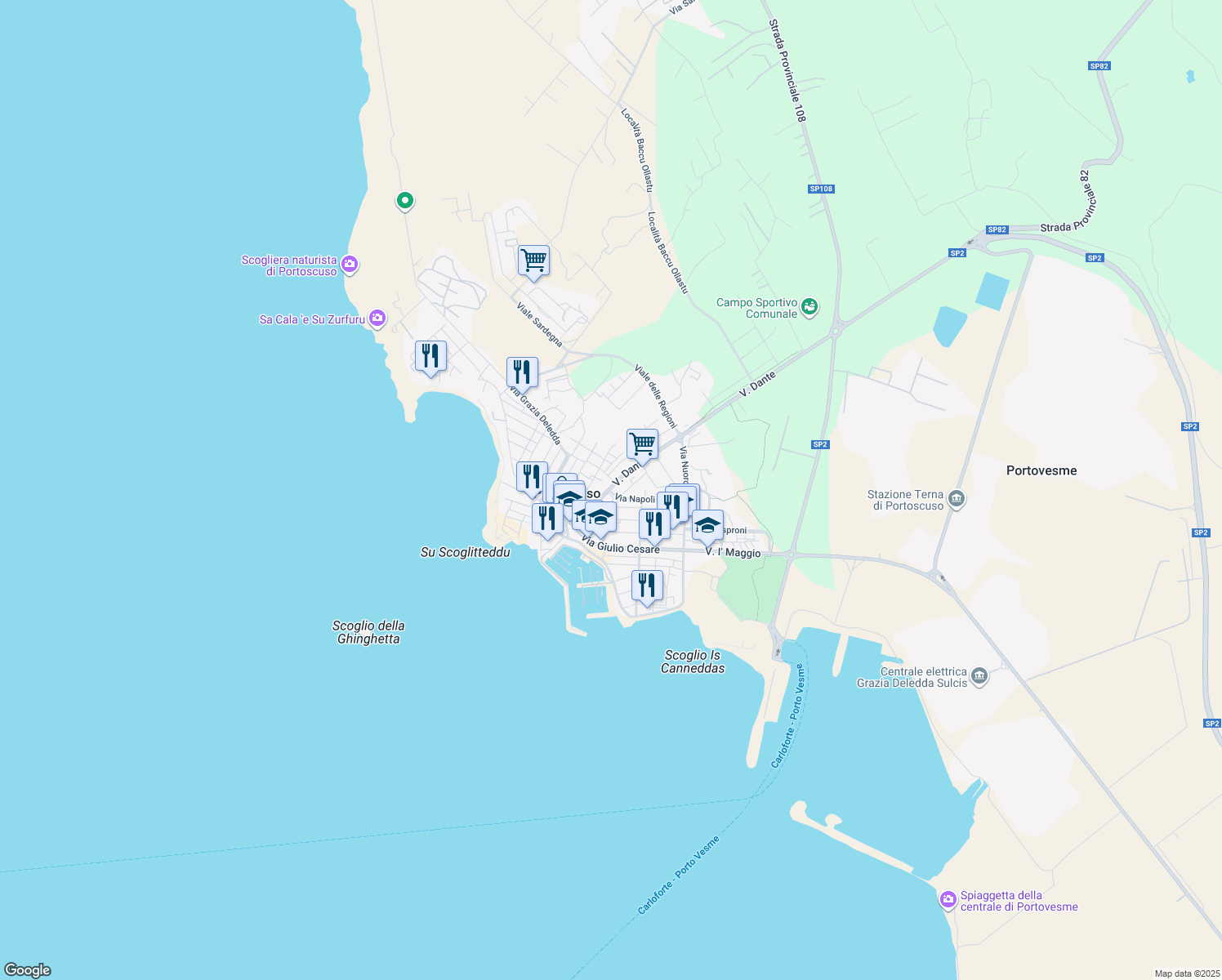 map of restaurants, bars, coffee shops, grocery stores, and more near 16 Via Dante in Portoscuso