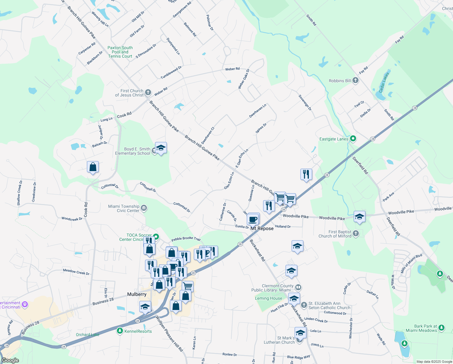 map of restaurants, bars, coffee shops, grocery stores, and more near 6094 Drum Hill Lane in Milford