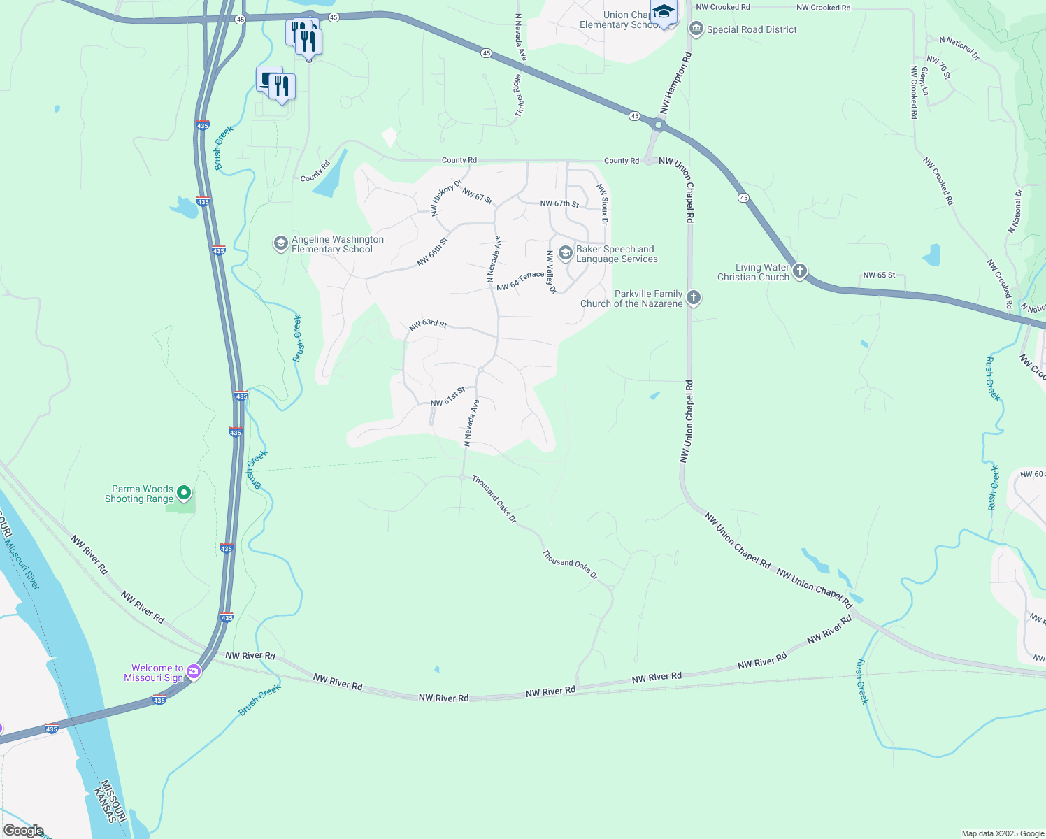 map of restaurants, bars, coffee shops, grocery stores, and more near 14050 Northwest 61st Court in Kansas City
