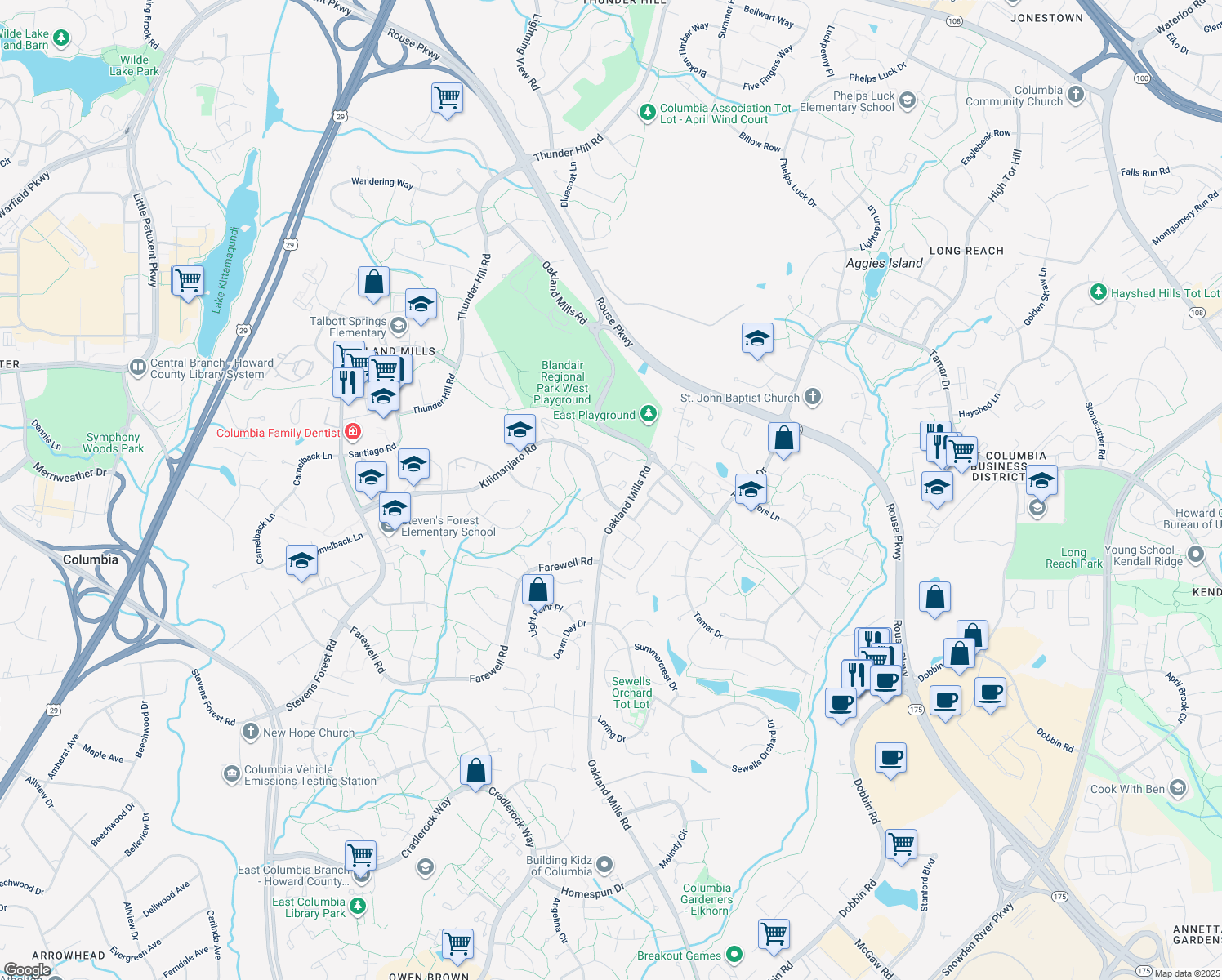 map of restaurants, bars, coffee shops, grocery stores, and more near 9318 Matador Rd in Columbia
