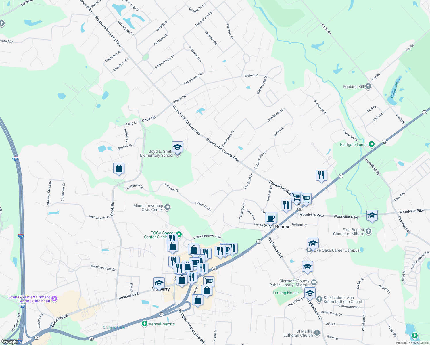 map of restaurants, bars, coffee shops, grocery stores, and more near 5889 Meadow Lark Court in Milford