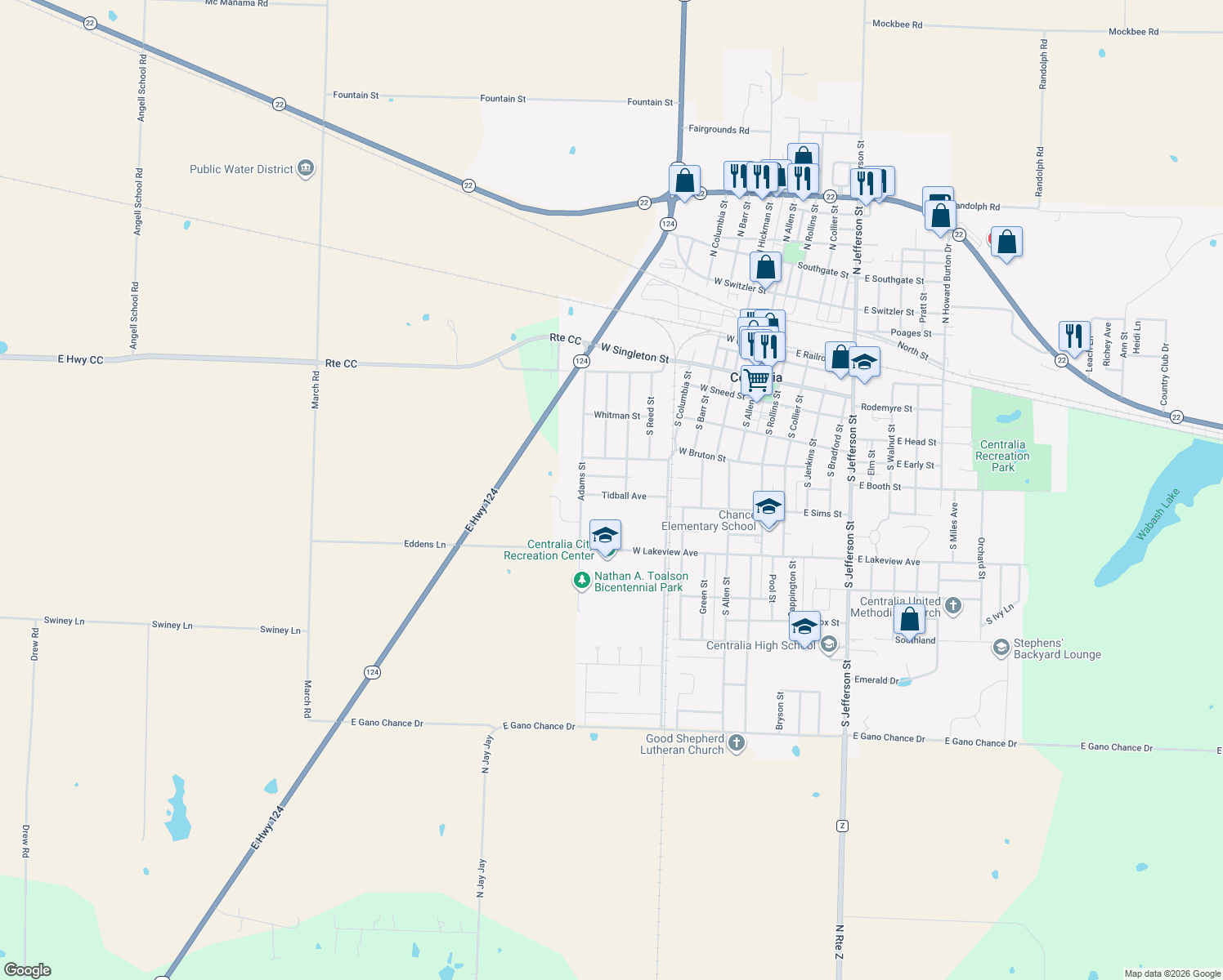 map of restaurants, bars, coffee shops, grocery stores, and more near 749 Tidball Ave in Centralia