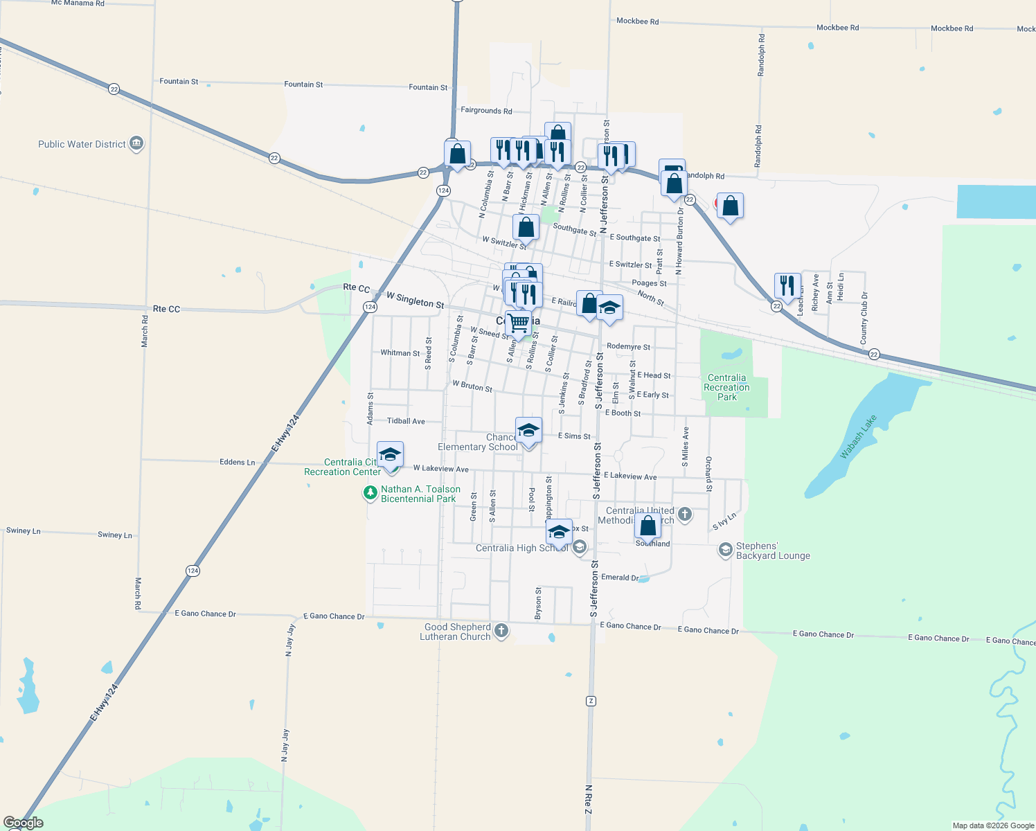 map of restaurants, bars, coffee shops, grocery stores, and more near 431 South Rollins Street in Centralia