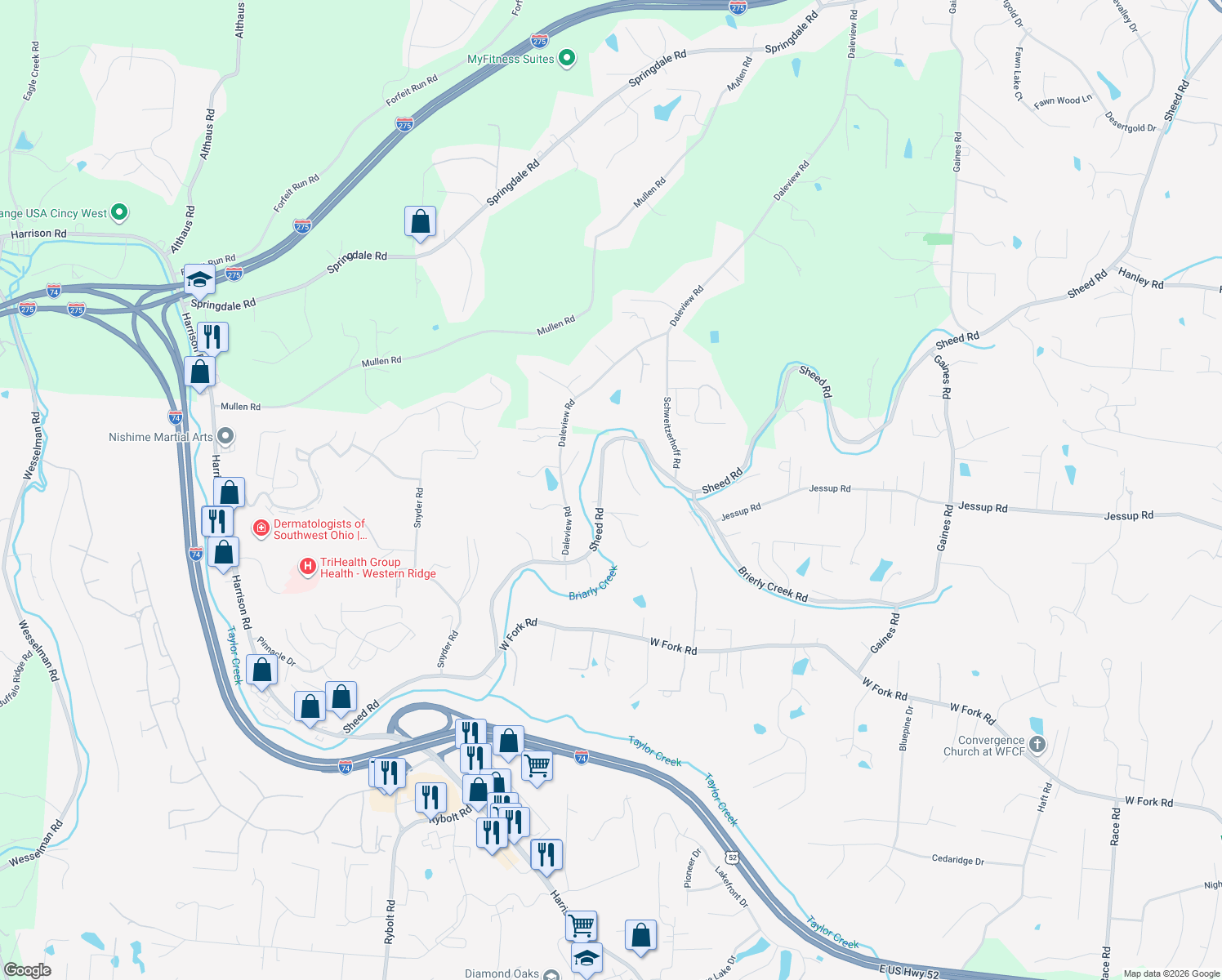map of restaurants, bars, coffee shops, grocery stores, and more near 6020 Sheed Road in Cincinnati