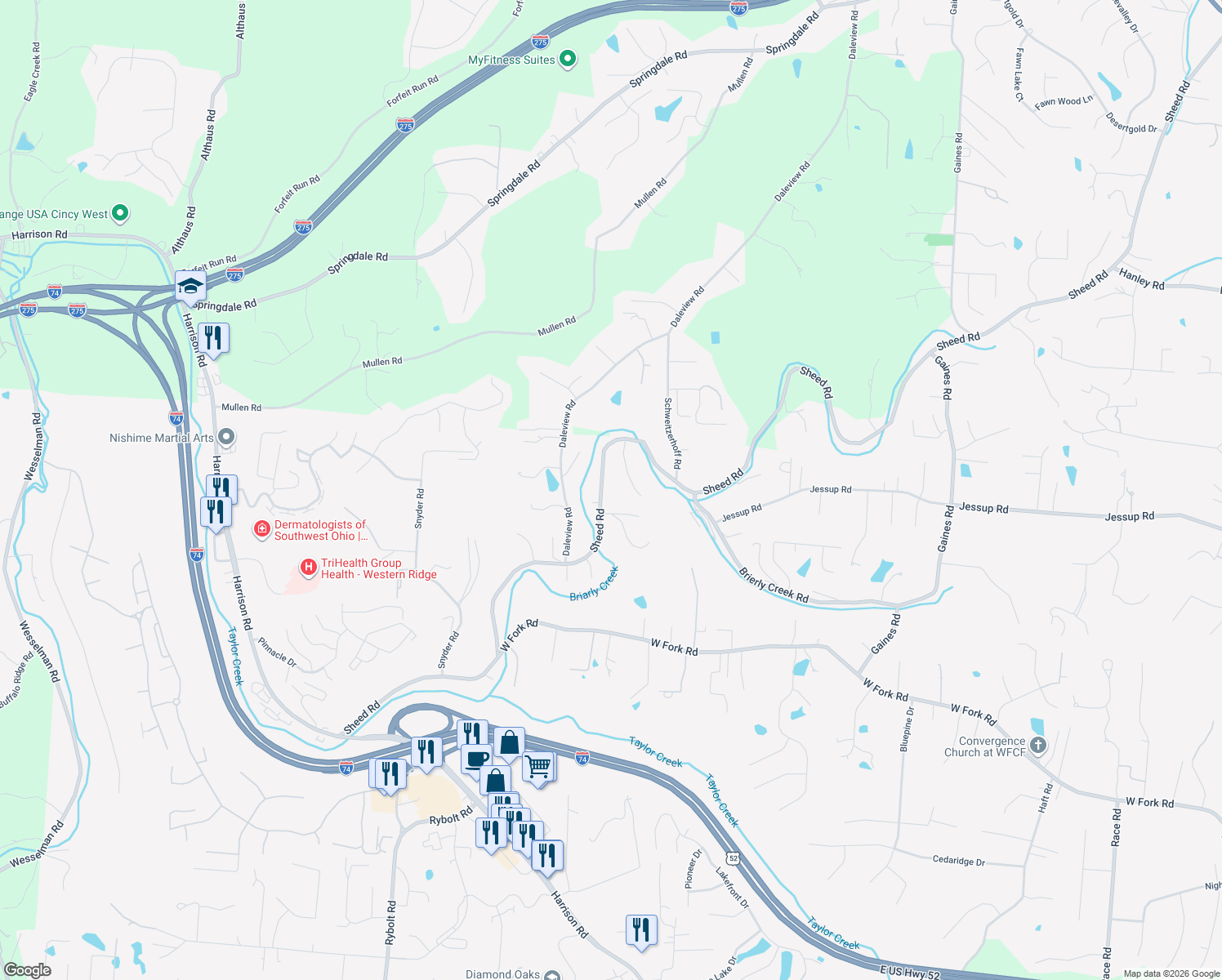 map of restaurants, bars, coffee shops, grocery stores, and more near 6020 Sheed Road in Cincinnati