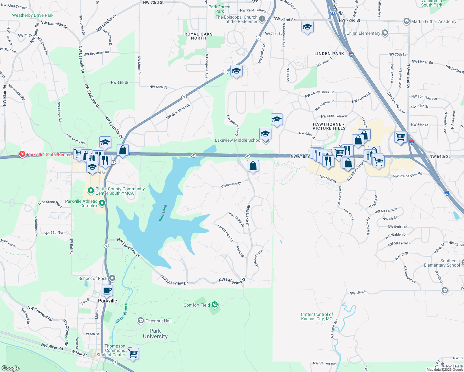 map of restaurants, bars, coffee shops, grocery stores, and more near 8025 Clearwater Drive in Parkville