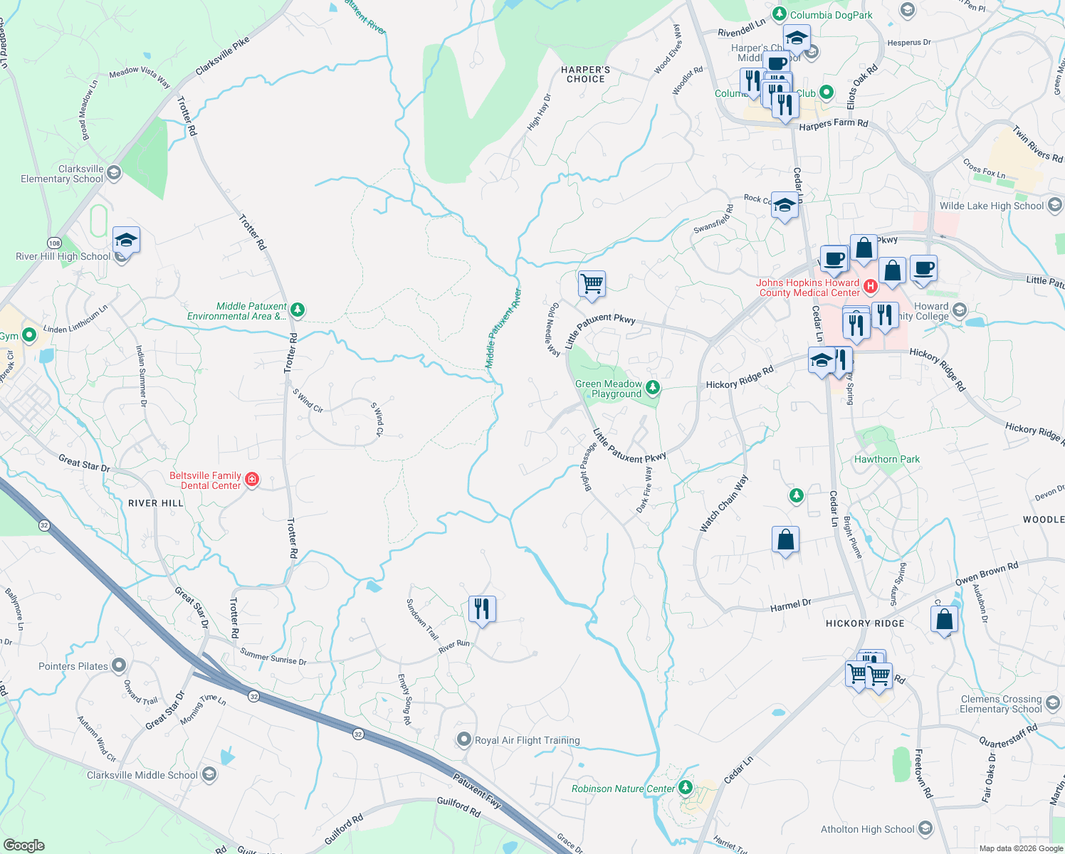 map of restaurants, bars, coffee shops, grocery stores, and more near 11866 Blue February Way in Columbia