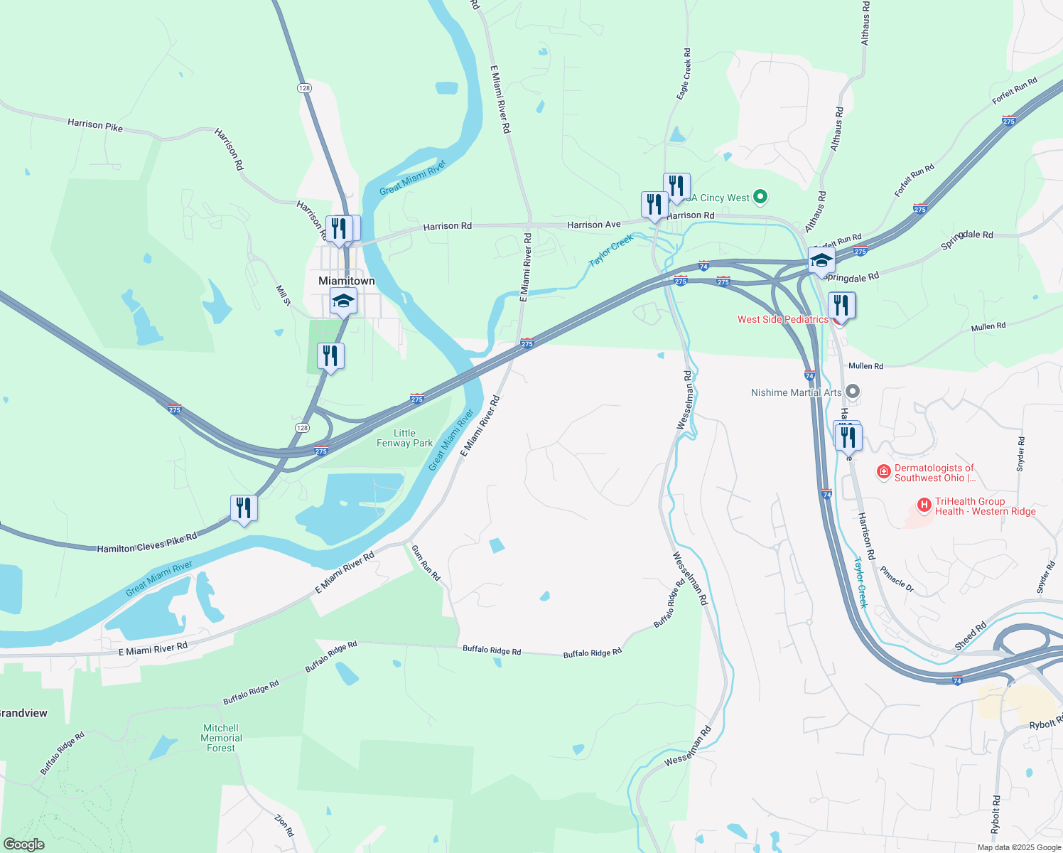 map of restaurants, bars, coffee shops, grocery stores, and more near 7366 Bear Ridge in Cleves