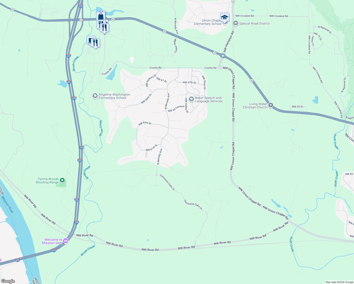 map of restaurants, bars, coffee shops, grocery stores, and more near 14040 Northwest 62nd Court in Parkville