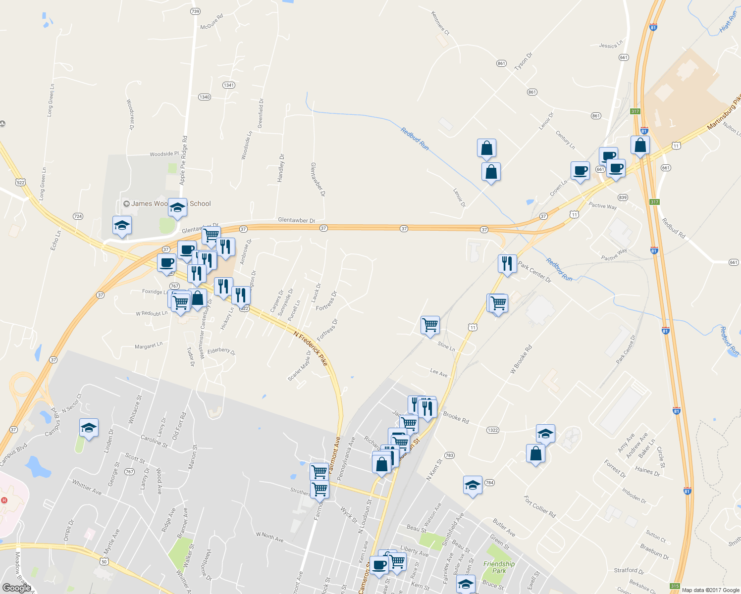 map of restaurants, bars, coffee shops, grocery stores, and more near 409 Fortress Drive in Winchester