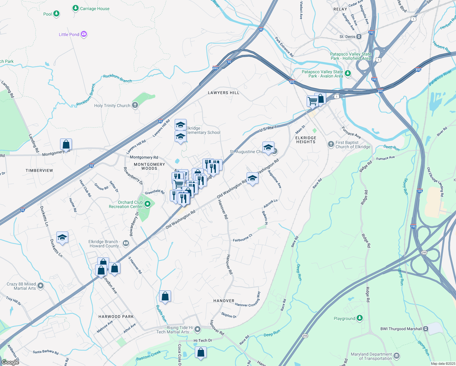 map of restaurants, bars, coffee shops, grocery stores, and more near 6165 Hooks Lane in Elkridge