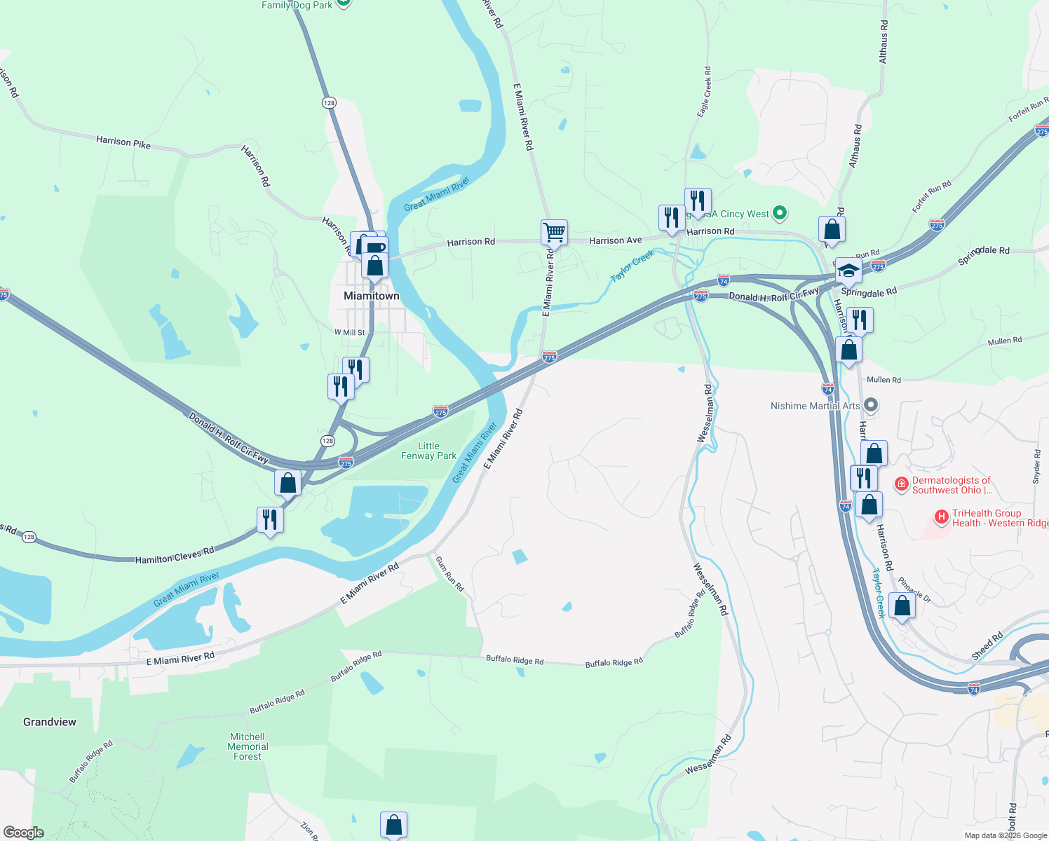 map of restaurants, bars, coffee shops, grocery stores, and more near 6321 East Miami River Road in Cleves