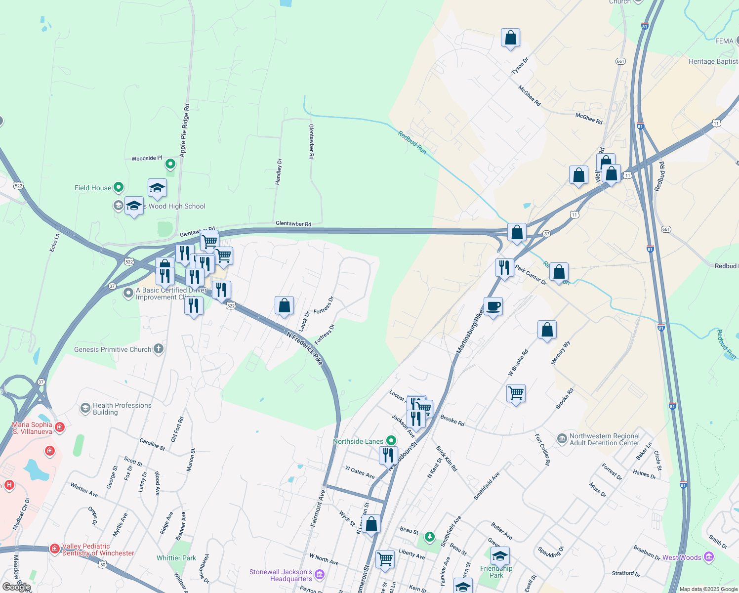map of restaurants, bars, coffee shops, grocery stores, and more near 407 Fortress Drive in Winchester