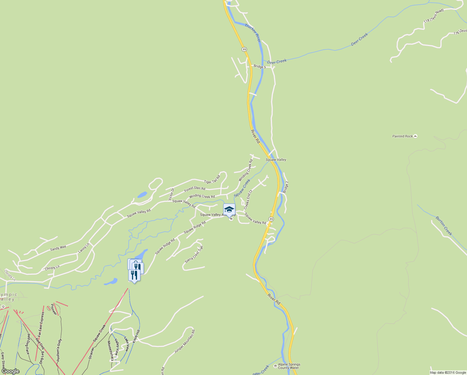 map of restaurants, bars, coffee shops, grocery stores, and more near 160 Winding Creek Road in Tahoe City