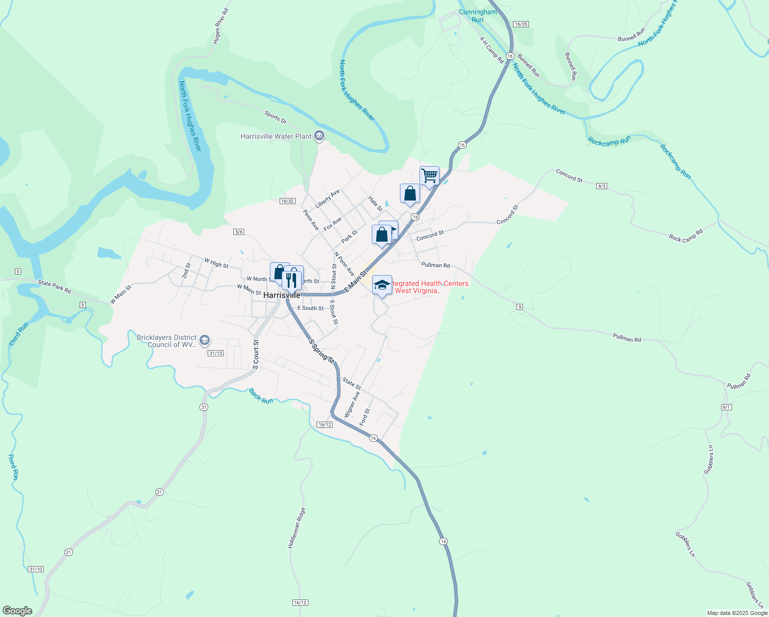 map of restaurants, bars, coffee shops, grocery stores, and more near 66 Woodland Avenue in Harrisville