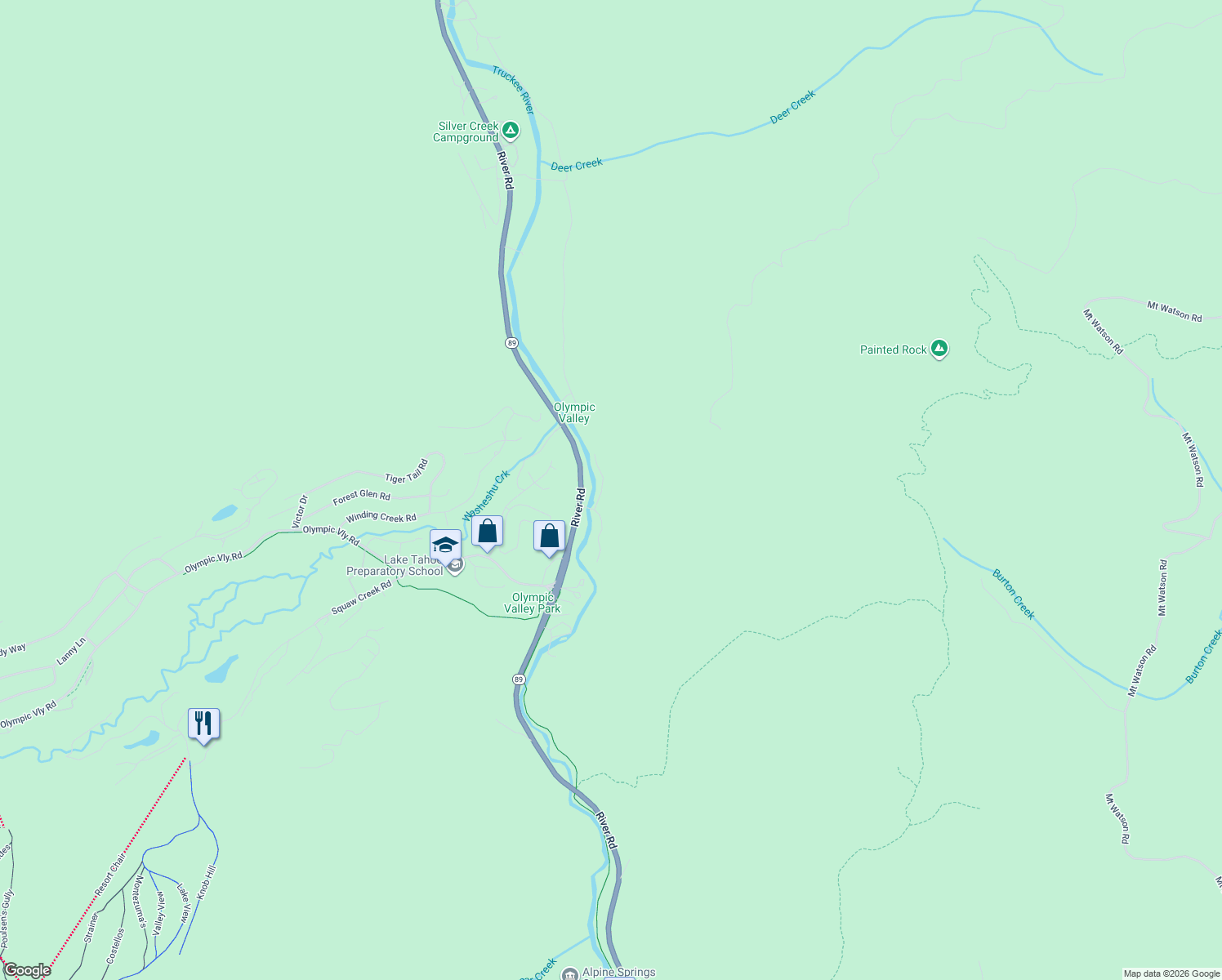 map of restaurants, bars, coffee shops, grocery stores, and more near 4070 River Road in Tahoe City