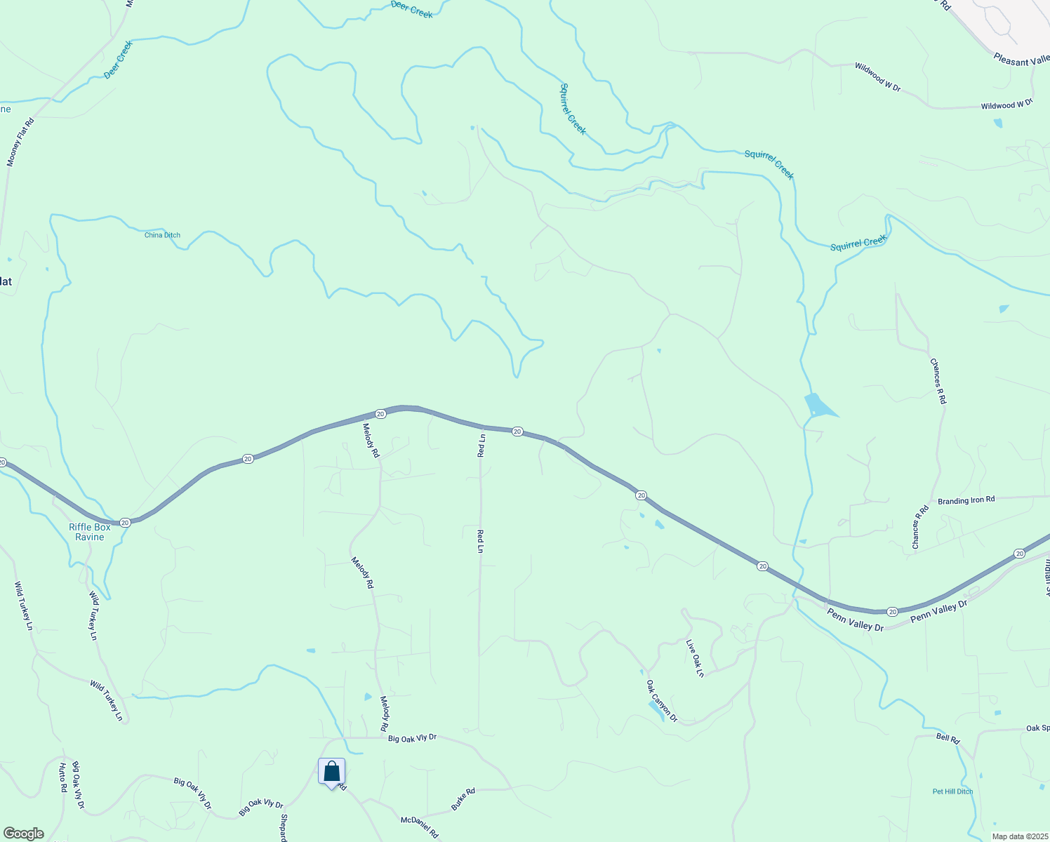 map of restaurants, bars, coffee shops, grocery stores, and more near 10010 Houghton Ranch Road in Penn Valley