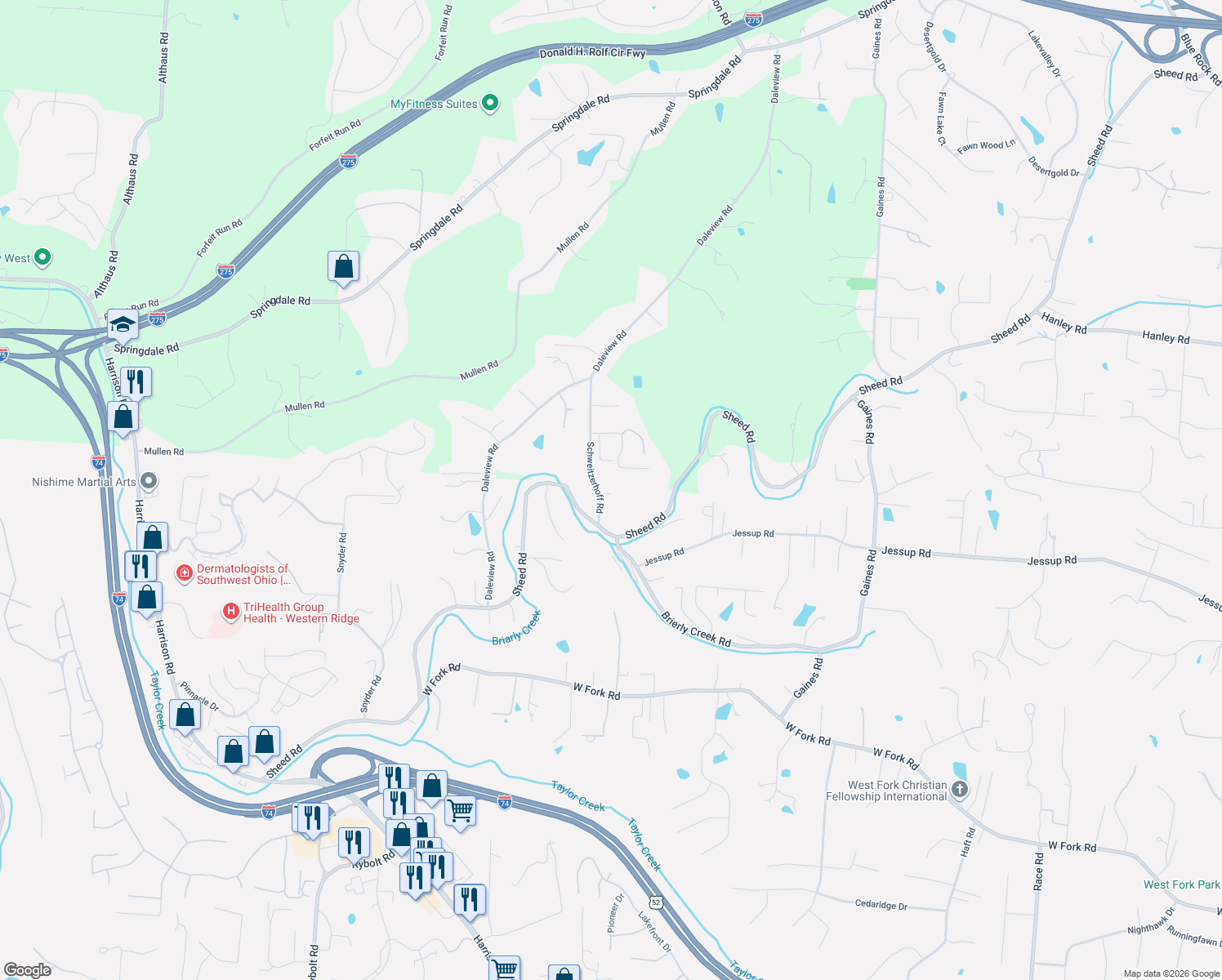 map of restaurants, bars, coffee shops, grocery stores, and more near 6540 Schweitzerhoff Road in Cincinnati