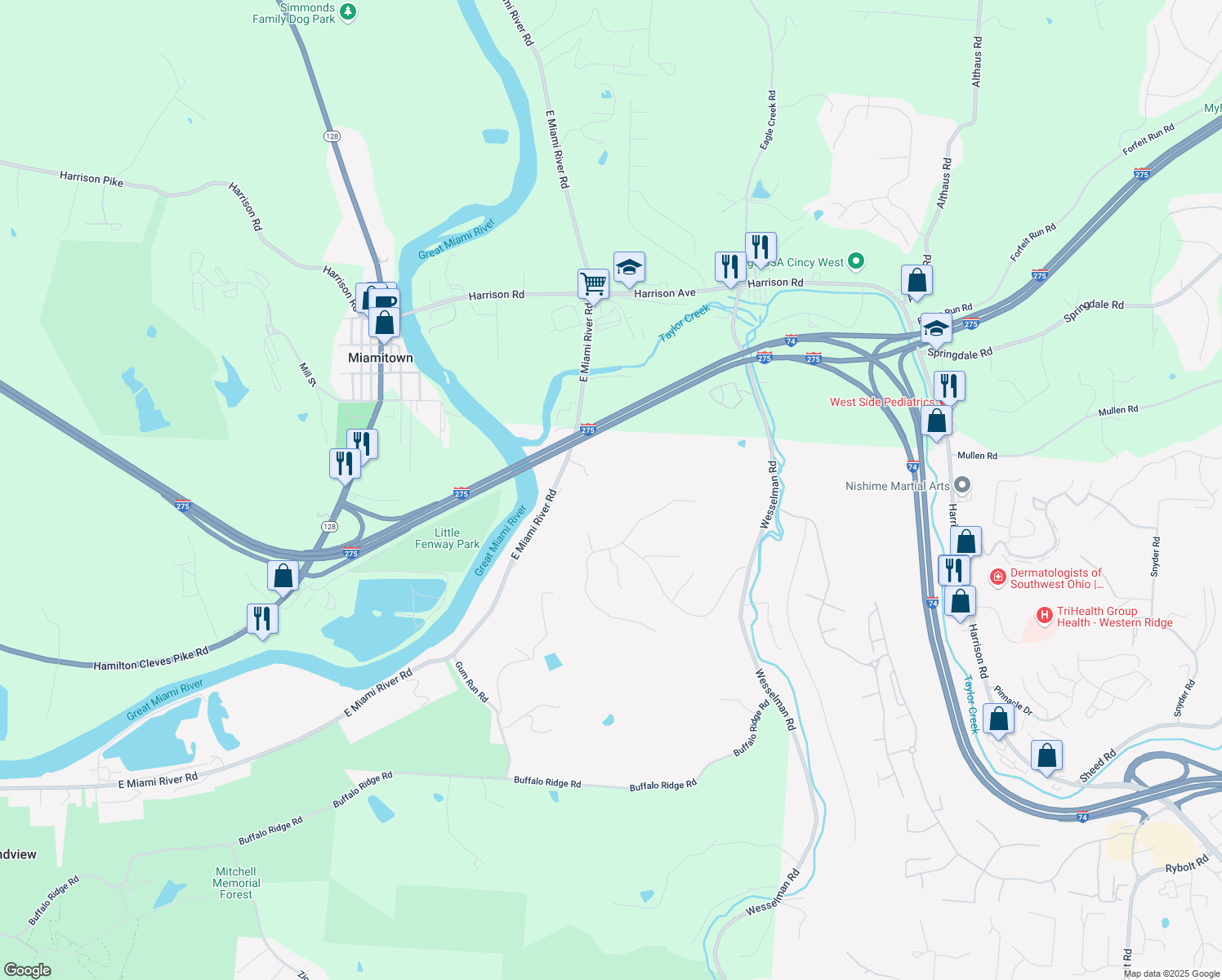 map of restaurants, bars, coffee shops, grocery stores, and more near 7366 Bear Ridge in Cleves