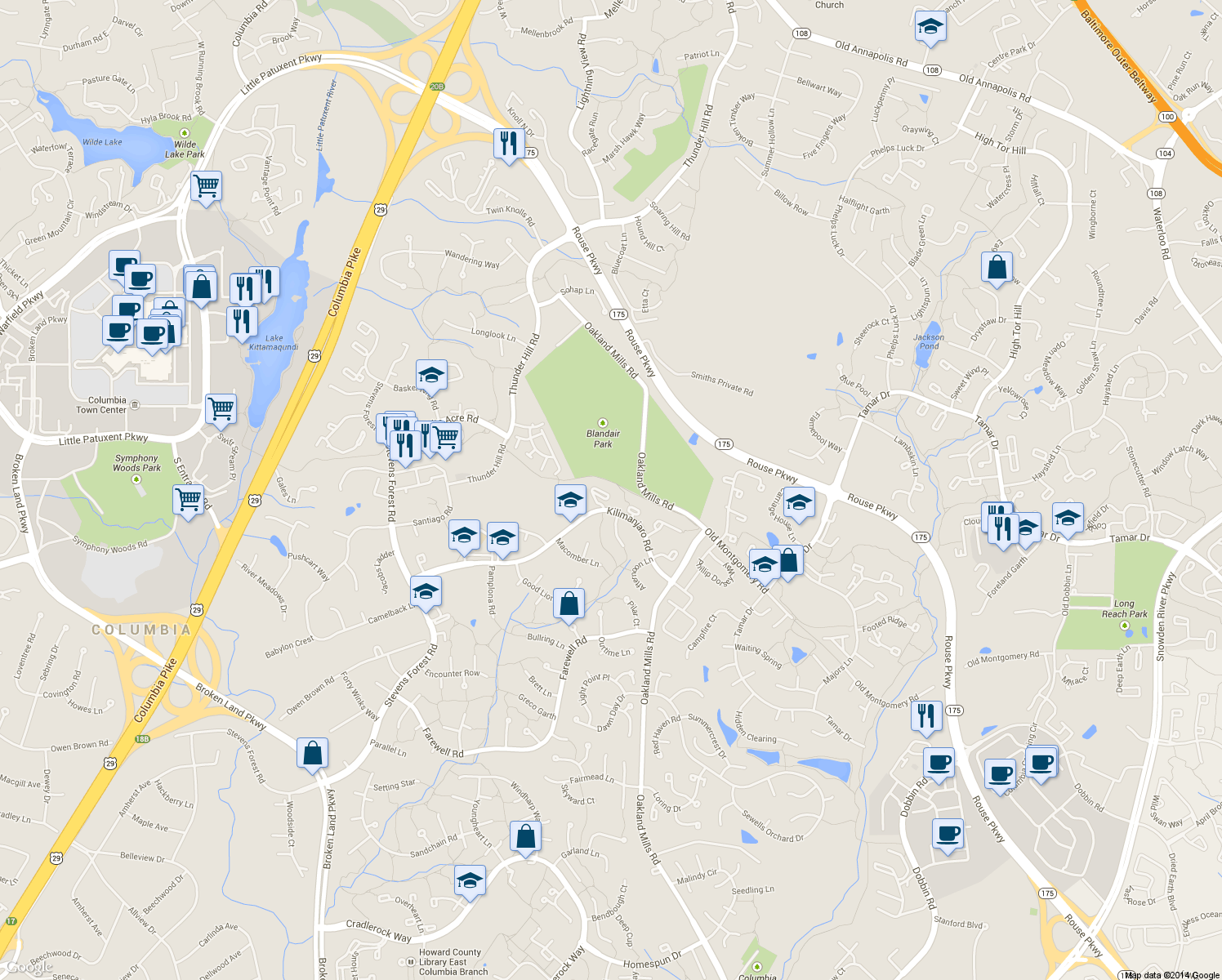map of restaurants, bars, coffee shops, grocery stores, and more near 9440 Merryrest Rd in Columbia