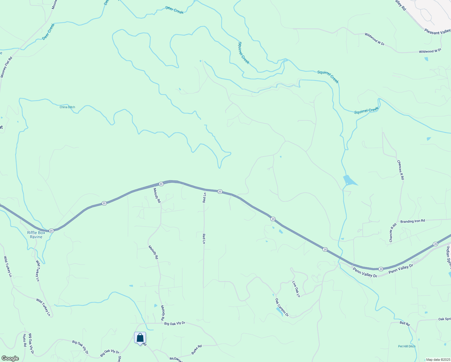 map of restaurants, bars, coffee shops, grocery stores, and more near 10010 Houghton Ranch Road in Penn Valley