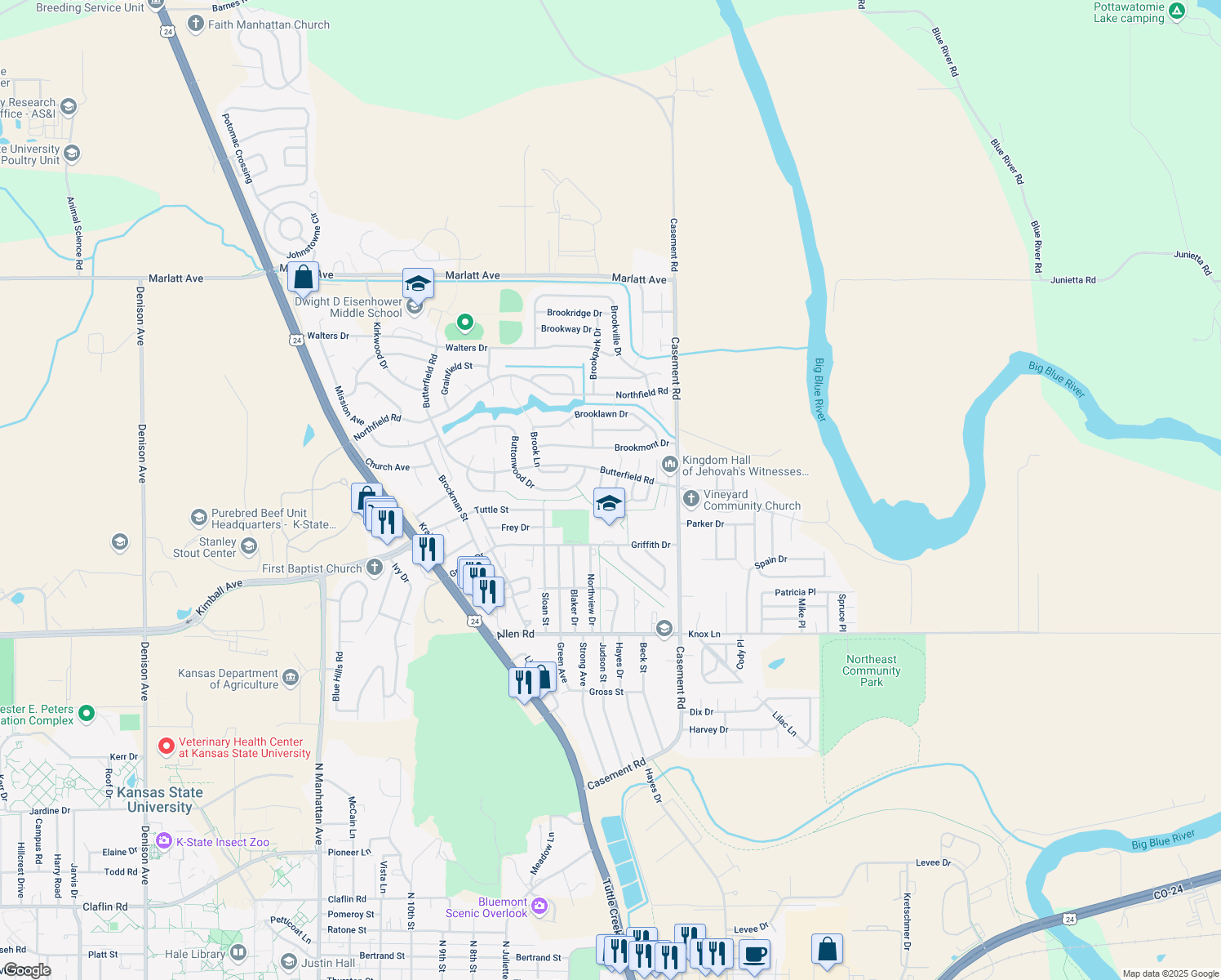map of restaurants, bars, coffee shops, grocery stores, and more near 2408 Galloway Dr in Manhattan