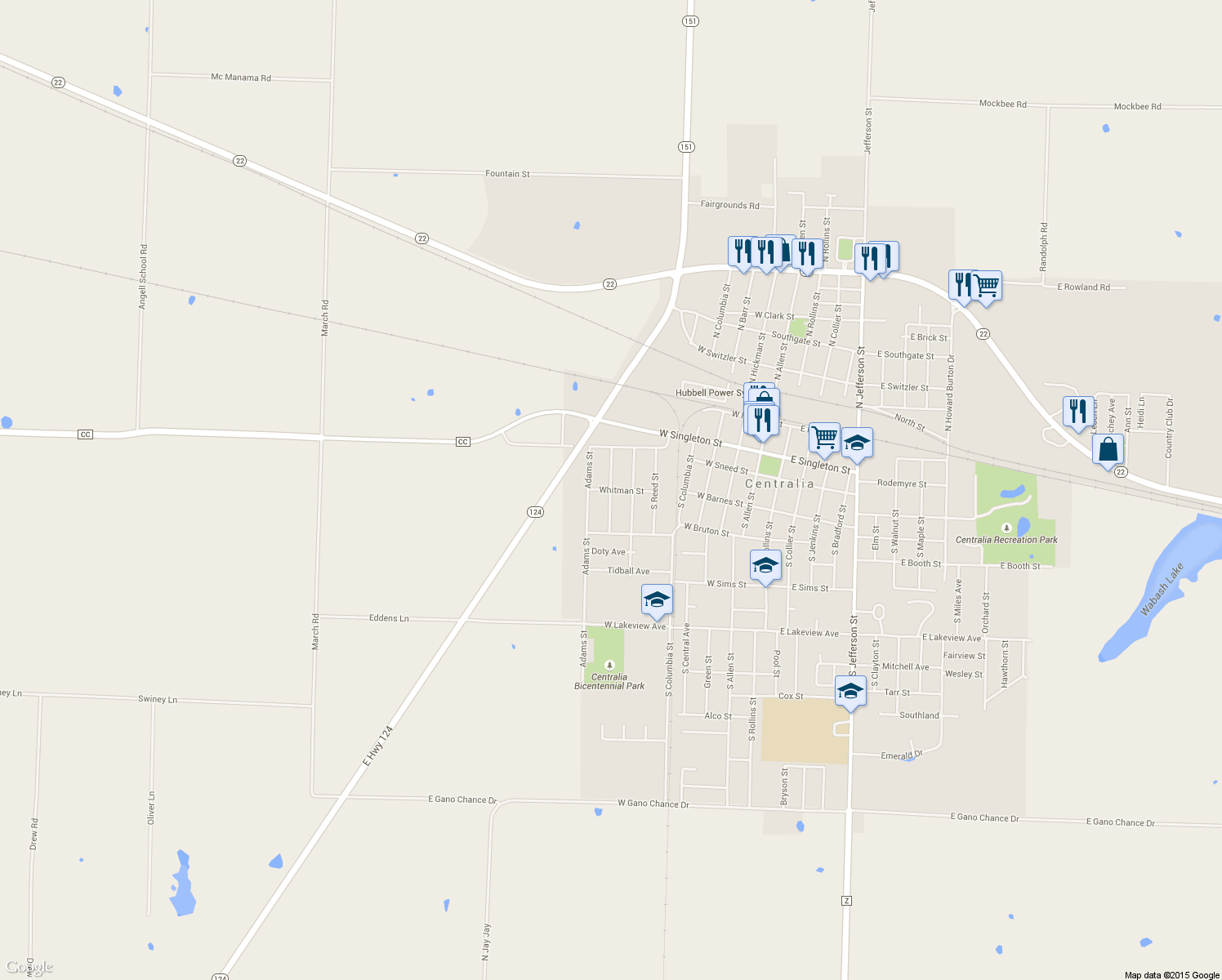 map of restaurants, bars, coffee shops, grocery stores, and more near Whitman St in Centralia